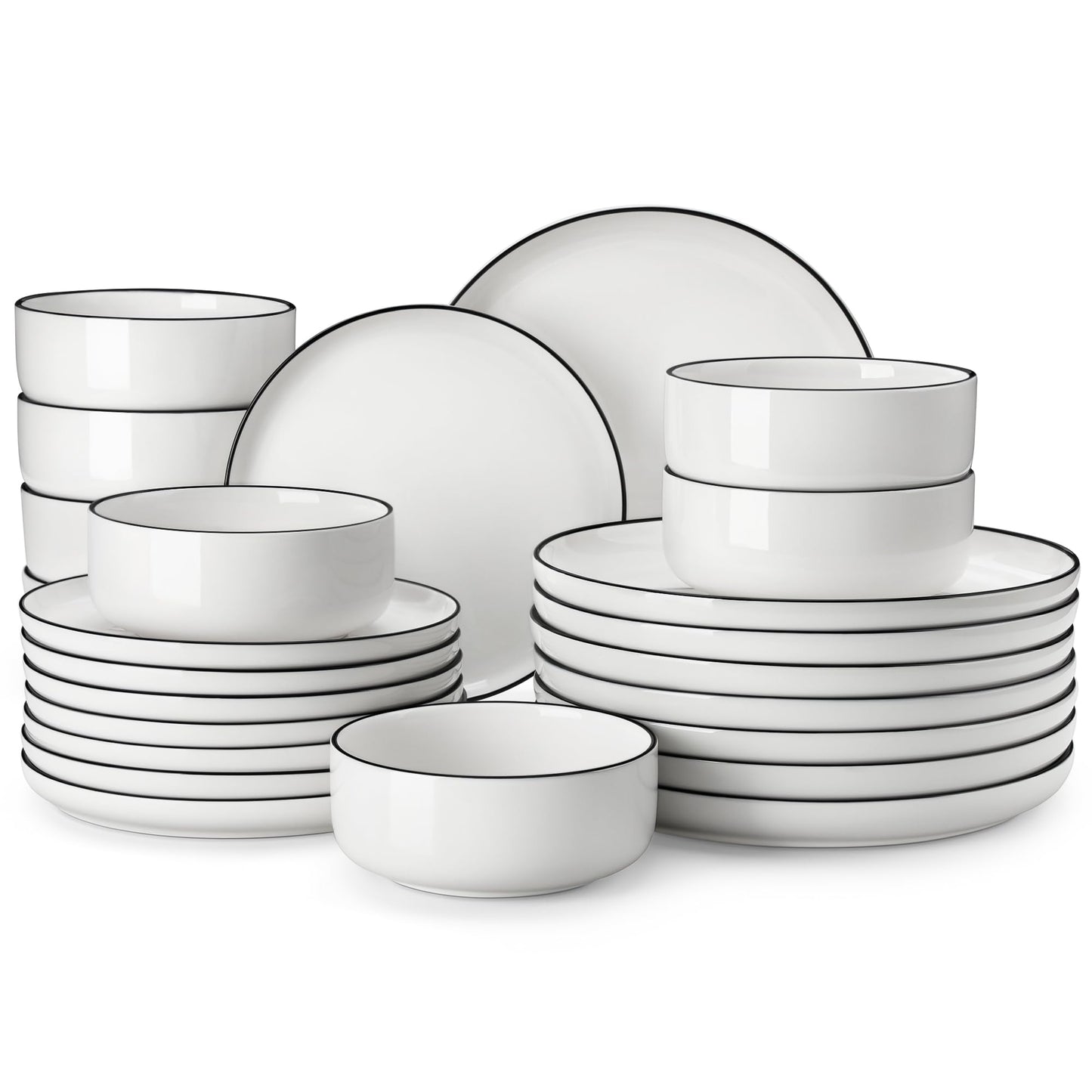 MALACASA Plates and Bowls Sets, 12 Pieces Modern Porcelain Dinnerware Set for 4 White Kitchen Dinner Dining Ware Set wtih Black Rim Ceramic Dishware Dishes Microwave and Dishwasher Safe, Series LUNA