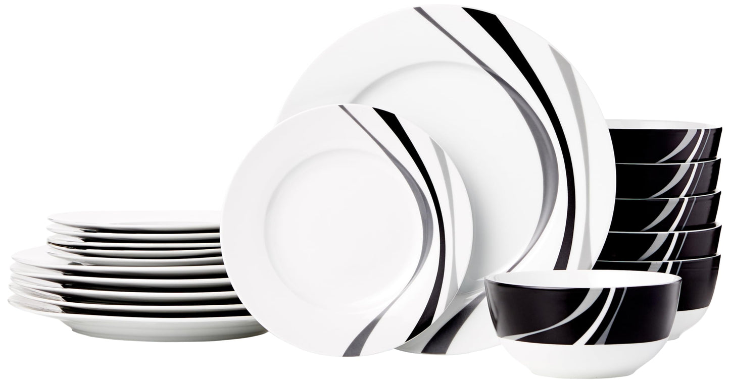 Amazon Basics 18-Piece Complete Kitchen Dinnerware Set, Microwave and Dishwasher Safe, Plates, Dishes, Bowls for Everyday Use, Service for 6, White Porcelain Coupe