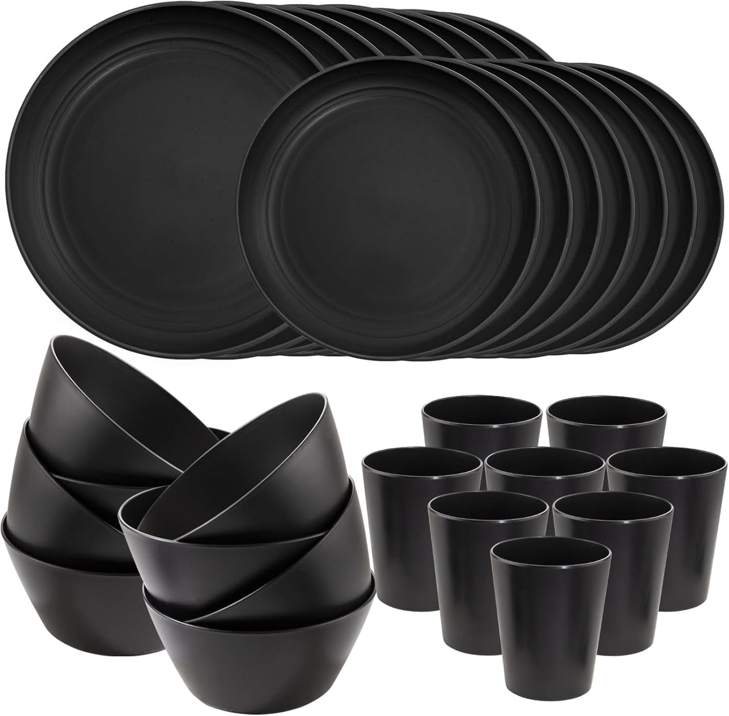 LIYH 48 Pcs Black Wheat Straw Plates and Bowls Dinnerware Set for 12, Camping Dish Set, Dishwasher Safe, Unbreakable Plastic Camper Dishes