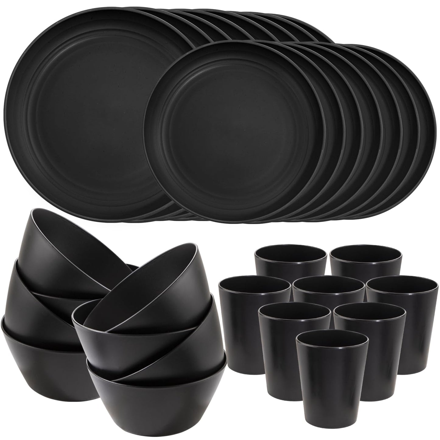 LIYH 48 Pcs Black Wheat Straw Plates and Bowls Dinnerware Set for 12, Camping Dish Set, Dishwasher Safe, Unbreakable Plastic Camper Dishes