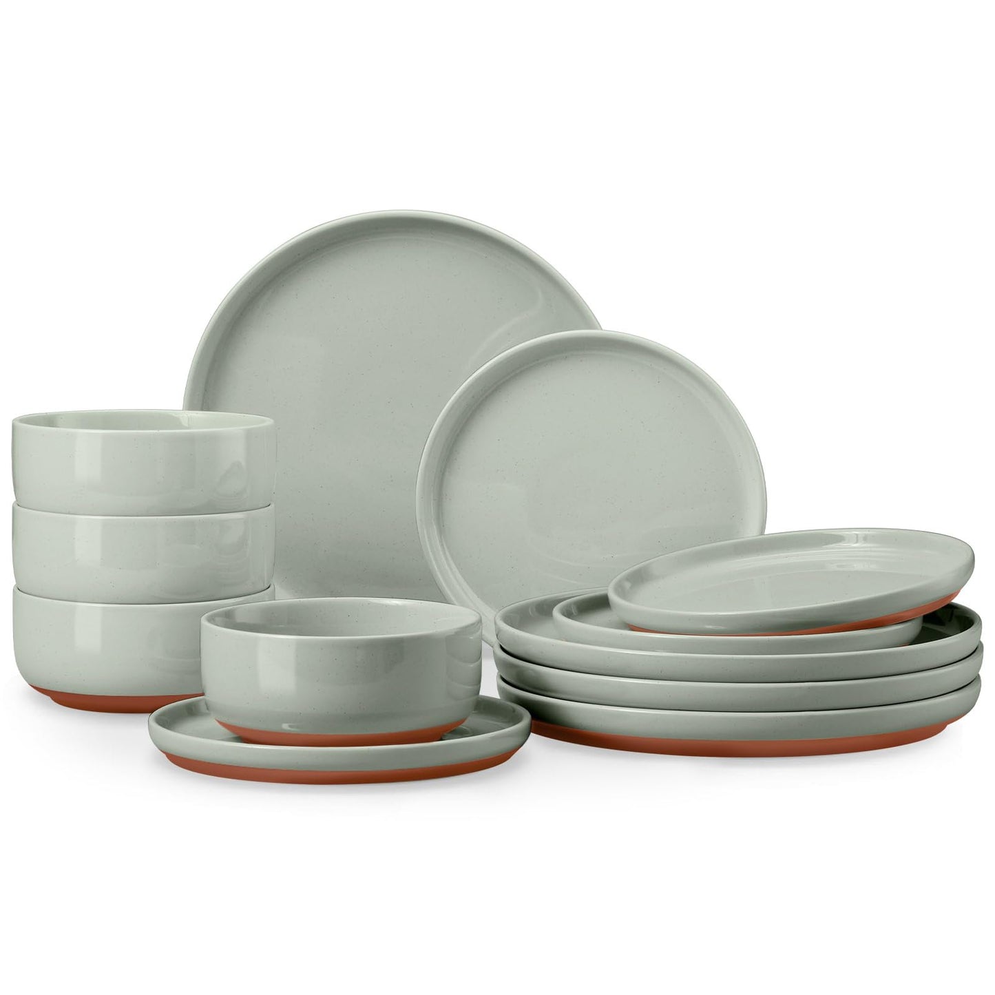 E-far 12-Piece Stoneware Dinnerware Sets, Plates and Bowls Sets for 4, Ceramic Dishware Dishes Set with Terracotta Base, Chip & Scratch Resistant, Microwave & Dishwasher Safe, Speckled White