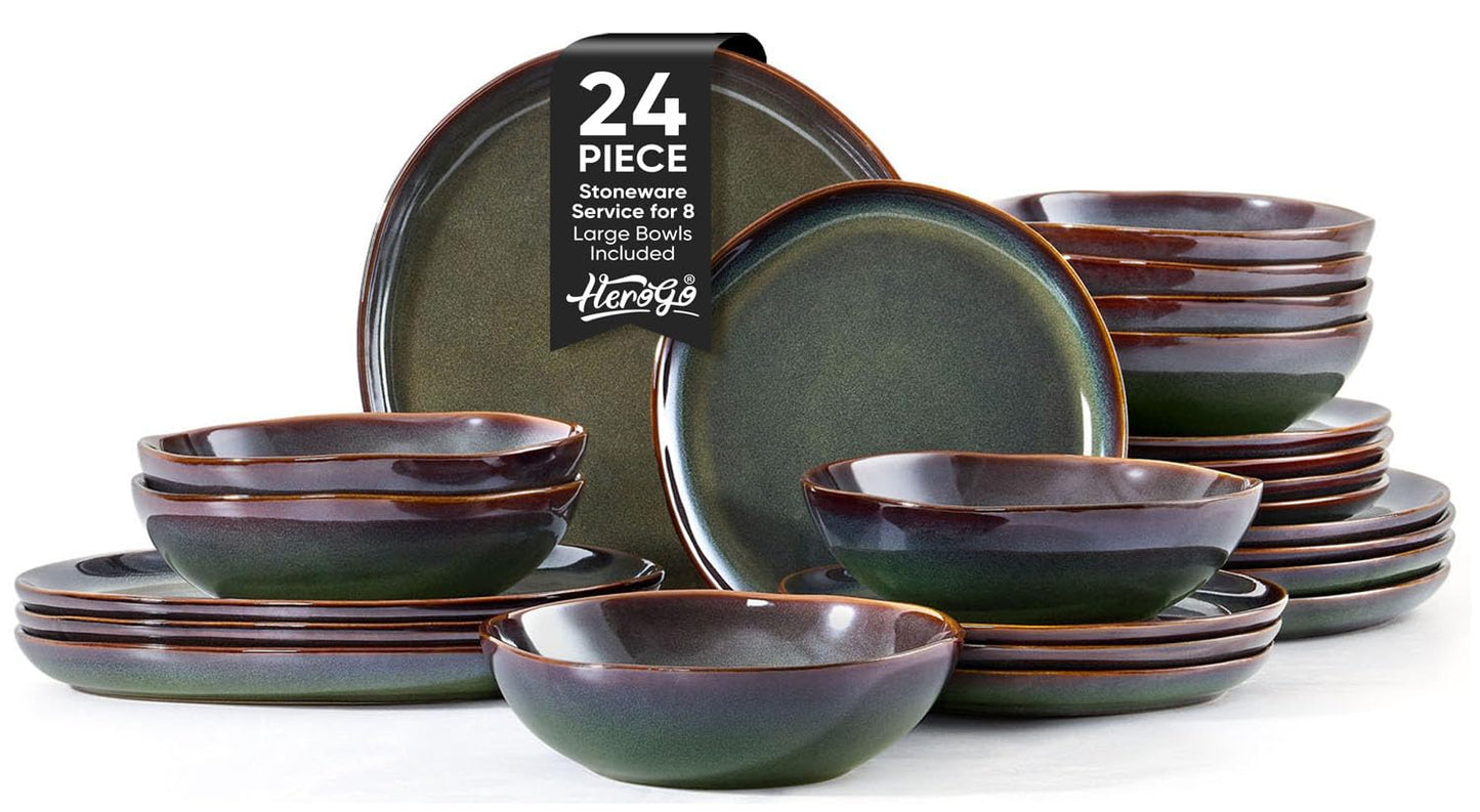Herogo 12pcs Stoneware Dinnerware Sets for 4, Irregular Handmade Dinner Plates and Bowls, Kitchen Dining Dish Dishware Set, Microwave & Dishwasher Safe, Cream Khaki