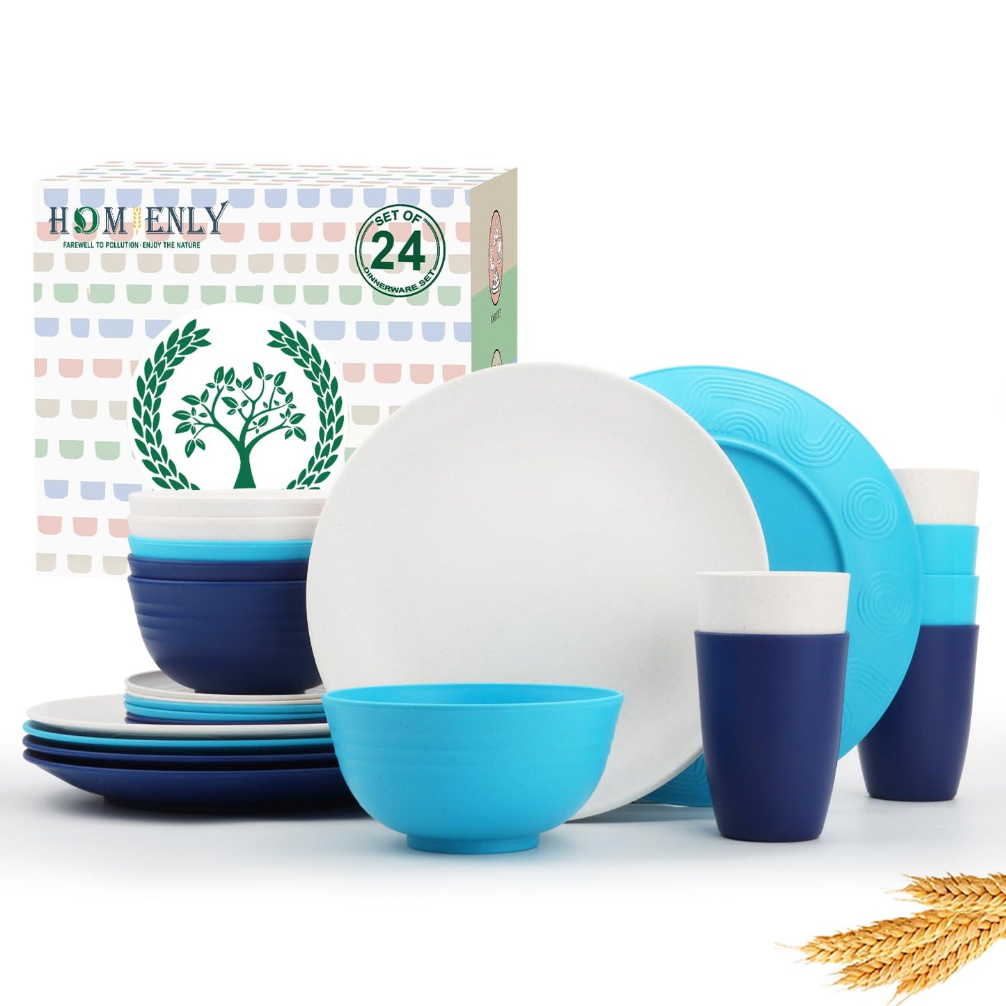 Homienly 40-Piece Premium Wheat Straw Dinnerware Sets, Service for 8, Unbreakable Plates and Bowls Set - Cups Sets, Dinner Plates, Bowls for Kitchen,Dishwasher and Microwave Safe Dishes Set - Multi