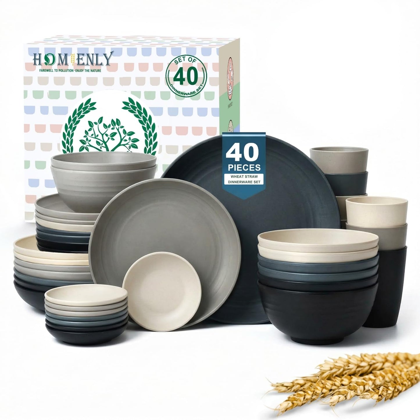 Homienly 40-Piece Dinnerwave Set Service for 8 Unbreakable Kitchen Plates and Bowls Sets - Dinner Plates, Dessert Plates, Soup Bowls, Cup Set, Soy Sauce Dish Microwave & Dishwasher Safe (Light Multi)