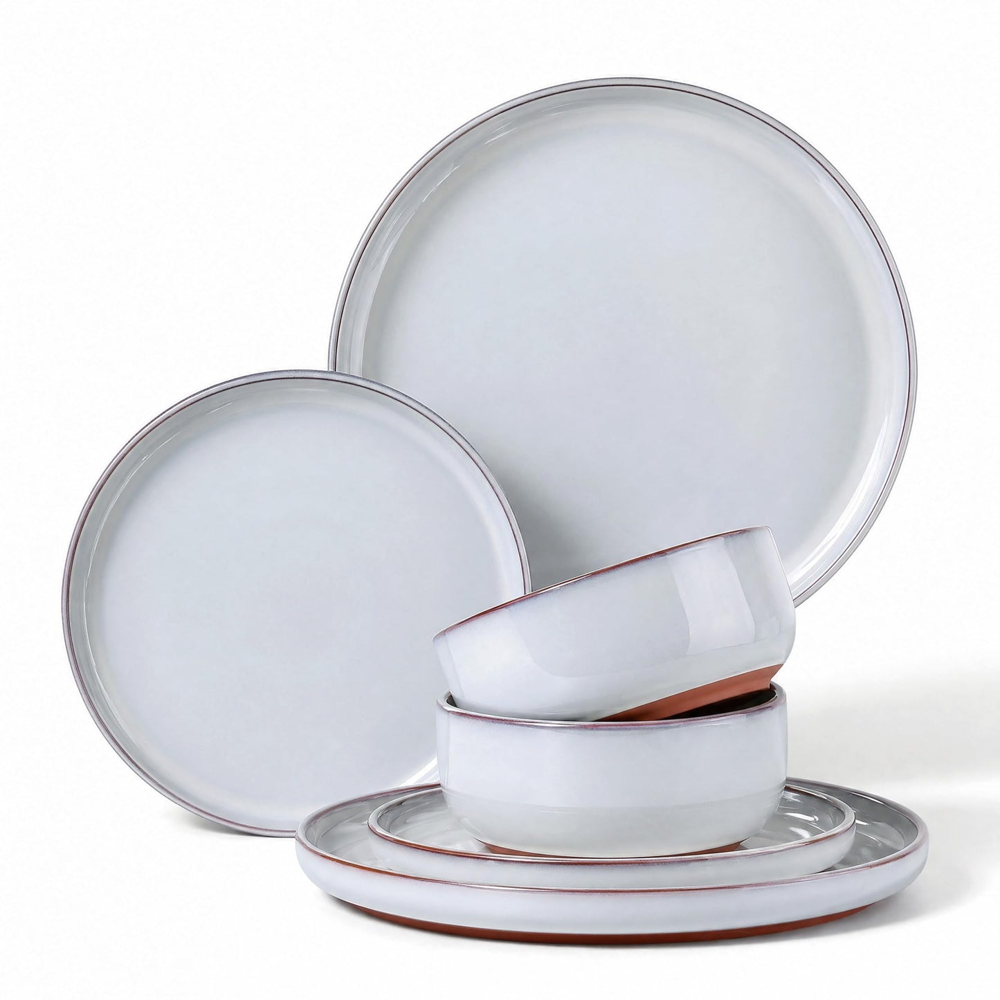 E-far 12-Piece Stoneware Dinnerware Sets, Plates and Bowls Sets for 4, Ceramic Dishware Dishes Set with Terracotta Base, Chip & Scratch Resistant, Microwave & Dishwasher Safe, Speckled White
