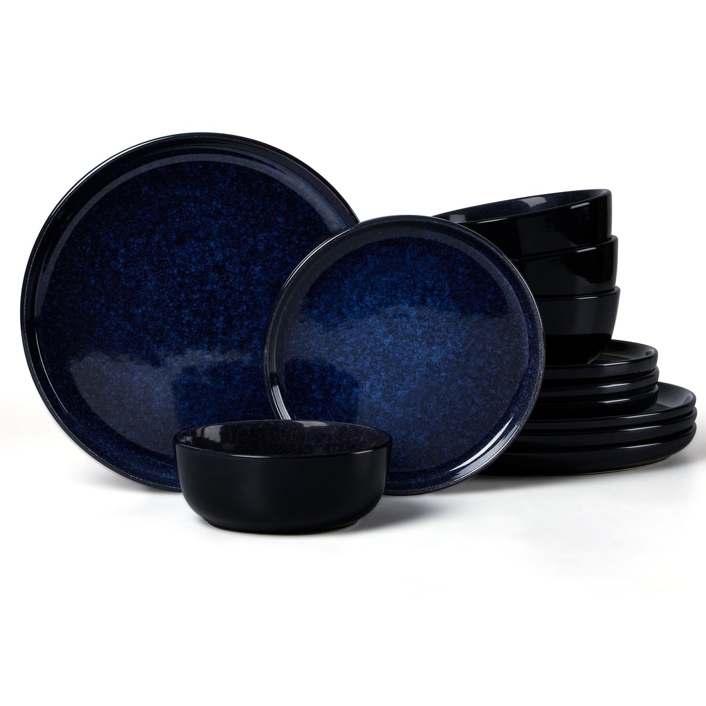 LIANYU 12 Piece Porcelain Dinnerware Sets for 4, Ceramic Durable Plates and Bowls, Chip and Scratch Resistant Dishware Dishes Set, Dishwasher & Microwave Safe Stoneware Set, Black Onyx