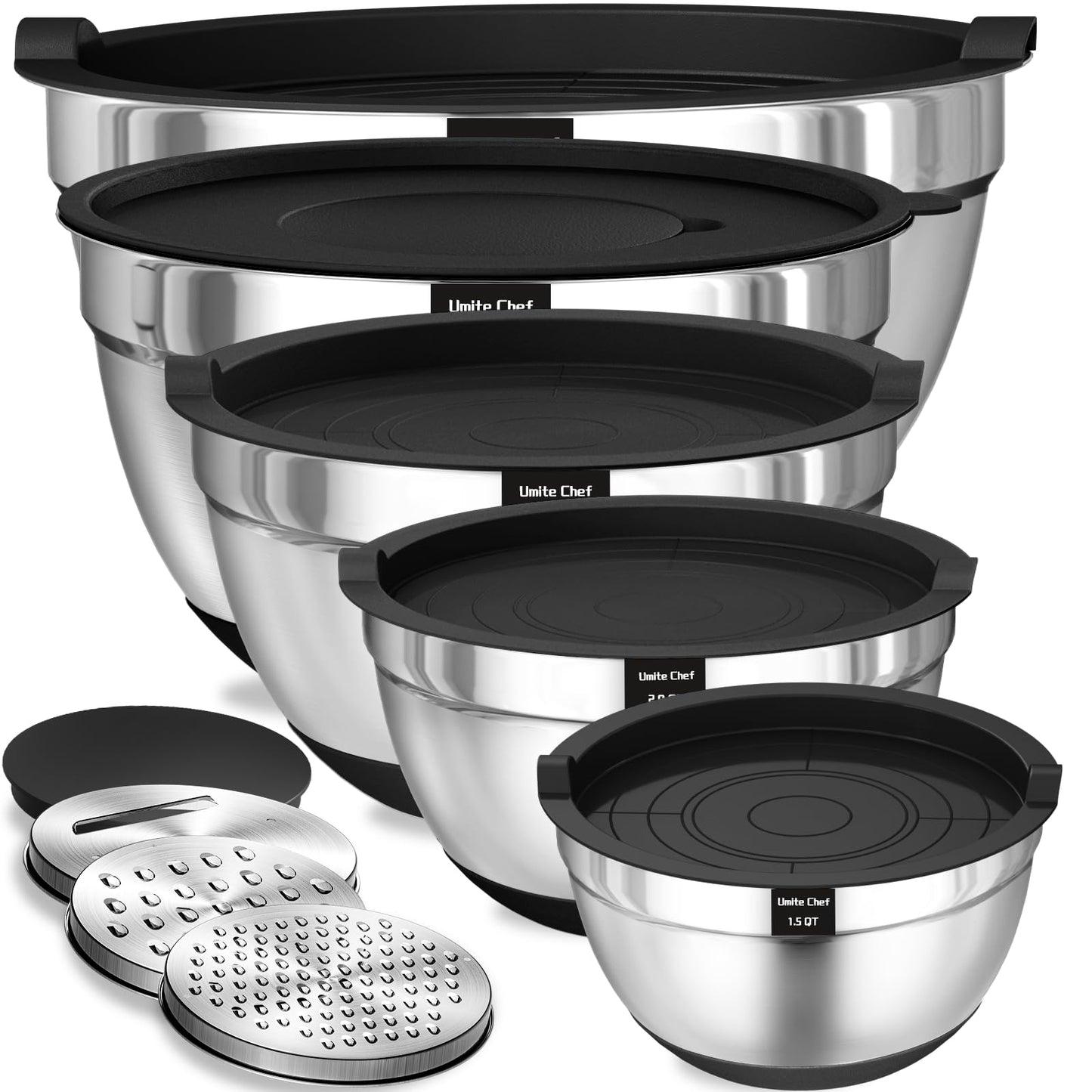 Umite Chef Mixing Bowls with Airtight Lids Set, 8PCS Stainless Steel Nesting Bowls with Grater Attachments, Non-Slip Bottoms, 5, 4, 3.5, 2, 1.5QT for Mixing & Serving