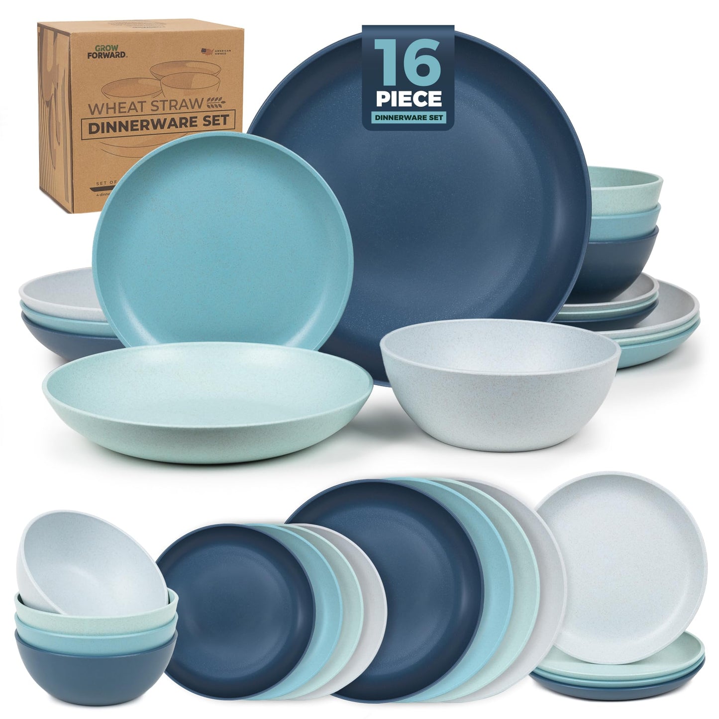Grow Forward 16-piece Premium Wheat Straw Dinnerware Sets for 4 - Unbreakable Dishwasher & Microwave Safe Plastic Plates and Bowls Sets - Patio, Outdoors, RV, Camping Dishes - Sahara