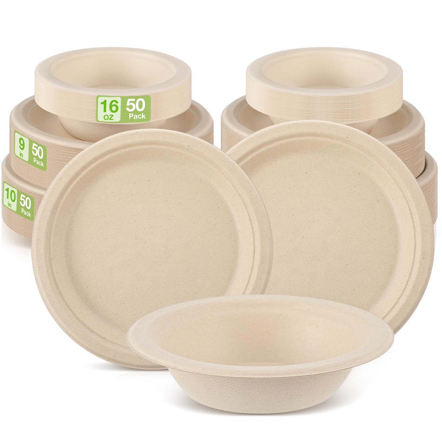 Havawish 150 Pcs Compostable Paper Plates and Bowls Set 7 Inch 9 Inch Disposable Plate 12oz Biodegradable Bowls for Party Dinner 50-person Bulk Party Supplies