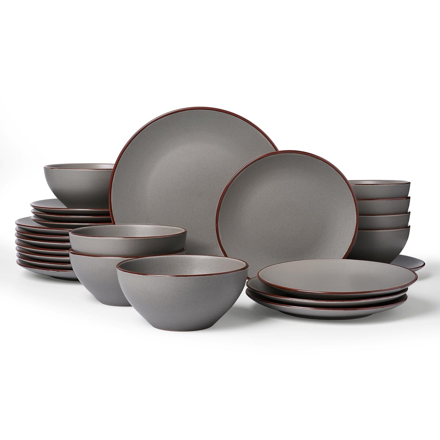 Famiware Venus Plates and Bowls Sets with Trim, 12 Pieces Speckled Stoneware Dishes Dinnerware Set for 4, Matte Dark Gray - Microwave & Dishwasher Safe, Modern Minimalist, Everyday & Formal Dining