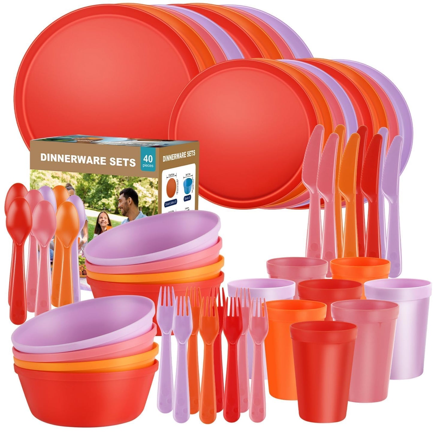 40 Piece Plastic Dinnerware Set for 8 with Cutlery, Unbreakable Plates and Bowls Set, Dishwasher & Microwave Safe Reusable Dish Set for Camping, RV, Outdoor Kitchen, Apartment Dining, Black