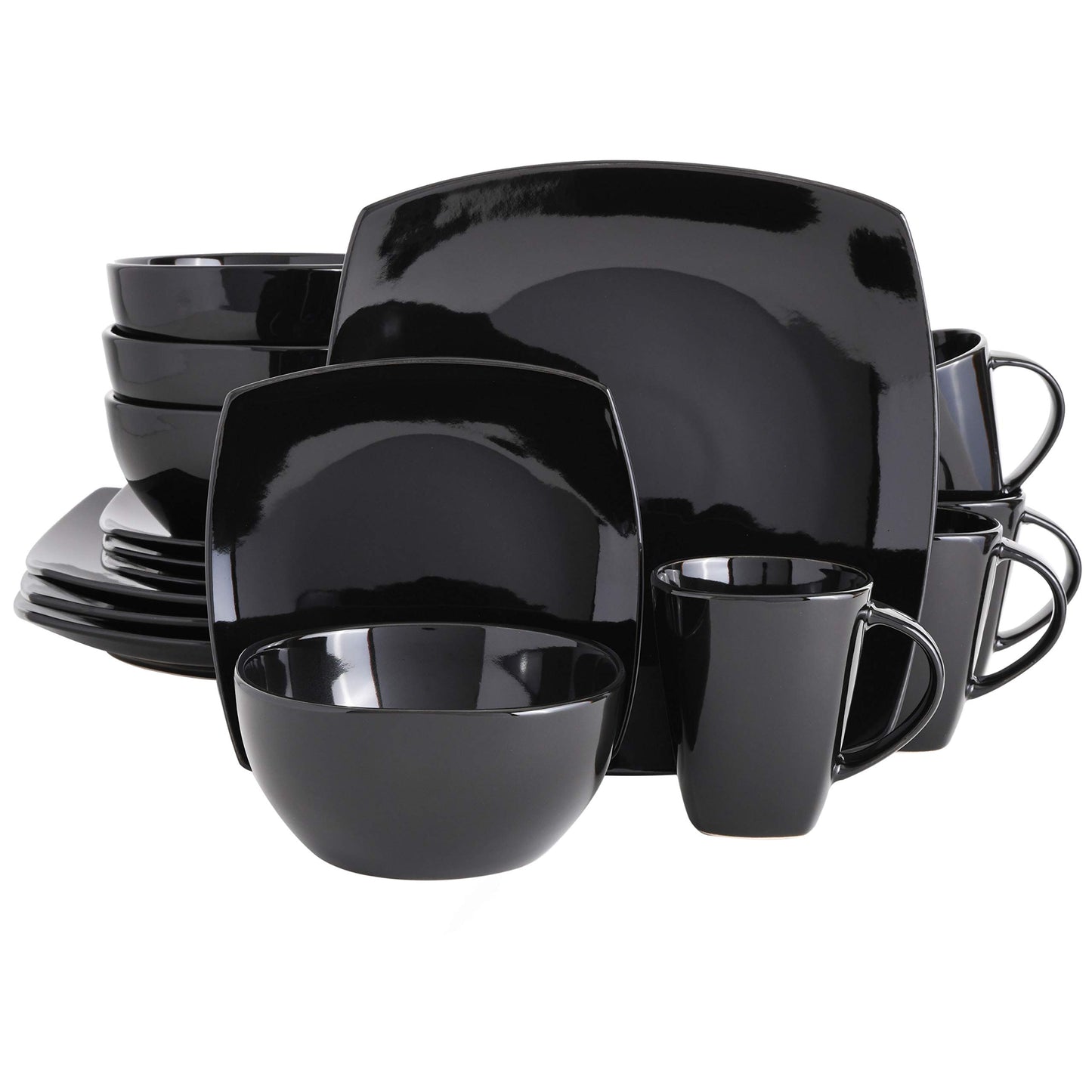 Gibson Elite Soho Lounge Square 16-Piece Dinnerware Set, Service for 4, Reactive Glaze Stoneware Plates and Bowls, Modern Dishes, Microwave & Dishwasher Safe – Red and Black