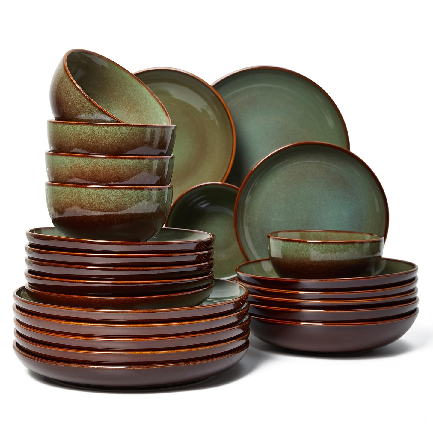 Pokini Stoneware Dinnerware Sets Service for 4, 12 pcs Reactive Glaze Plates and Bowls Sets, Handmade Ceramic Dish Set, Highly Chip and Crack Resistant Modern Plate Set, Brown Green