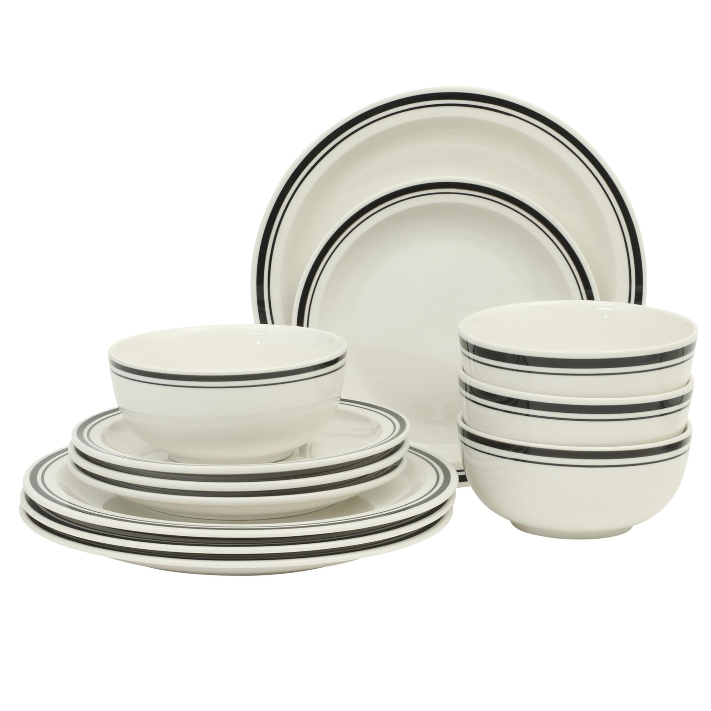 Gibson Home Cloudlight 12 Piece Plates and Bowls Dishes Brown and White - Decorated Porcelain Ceramic Dinnerware Set - Service for 4