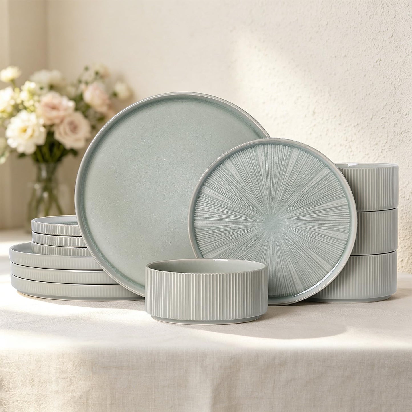 Dinnerware Sets for 4, Ceramic Plates and Bowls Set 12 Piece Dinnerware Chip Resistant Stoneware with Advanced Inkjet Printing Technology, Dishwasher and Microwave Safe-Dusty Blue
