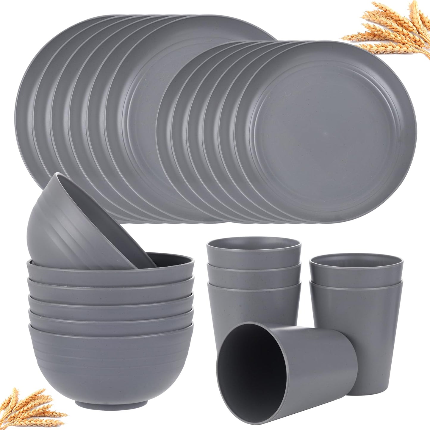 Supernal 32pcs Wheat Straw Dinnerware Sets,Plates and Bowls Sets,Reusable Plastic Plate,Microwave Dishwasher Safe,Plastic Dinnerware Set,Four Color Set 16pcs Plates,8pcs Bowls,8pcs Cups
