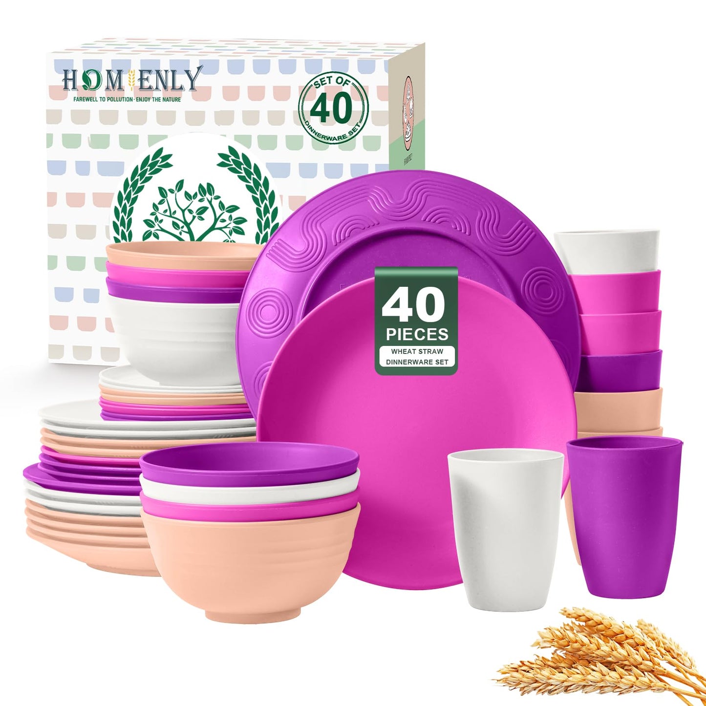 Homienly 40-Piece Premium Wheat Straw Dinnerware Sets, Service for 8, Unbreakable Plates and Bowls Set - Cups Sets, Dinner Plates, Bowls for Kitchen,Dishwasher and Microwave Safe Dishes Set - Multi