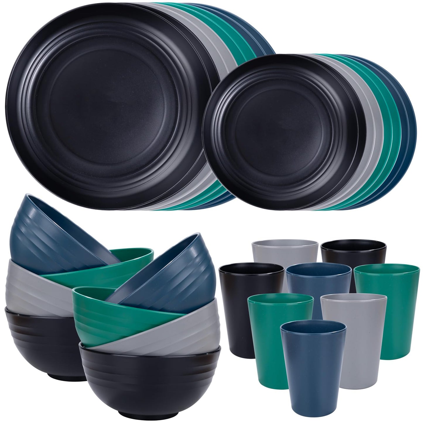 Supernal 32pcs Wheat Straw Dinnerware Sets,Plates and Bowls Sets,Reusable Plastic Plate,Microwave Dishwasher Safe,Plastic Dinnerware Set,Four Color Set 16pcs Plates,8pcs Bowls,8pcs Cups
