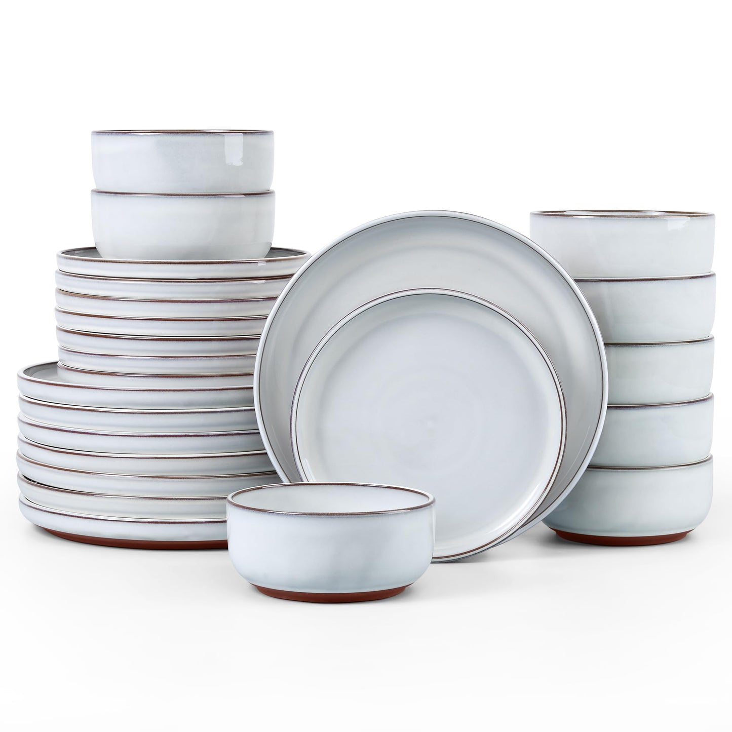 E-far 12-Piece Stoneware Dinnerware Sets, Plates and Bowls Sets for 4, Ceramic Dishware Dishes Set with Terracotta Base, Chip & Scratch Resistant, Microwave & Dishwasher Safe, Speckled White