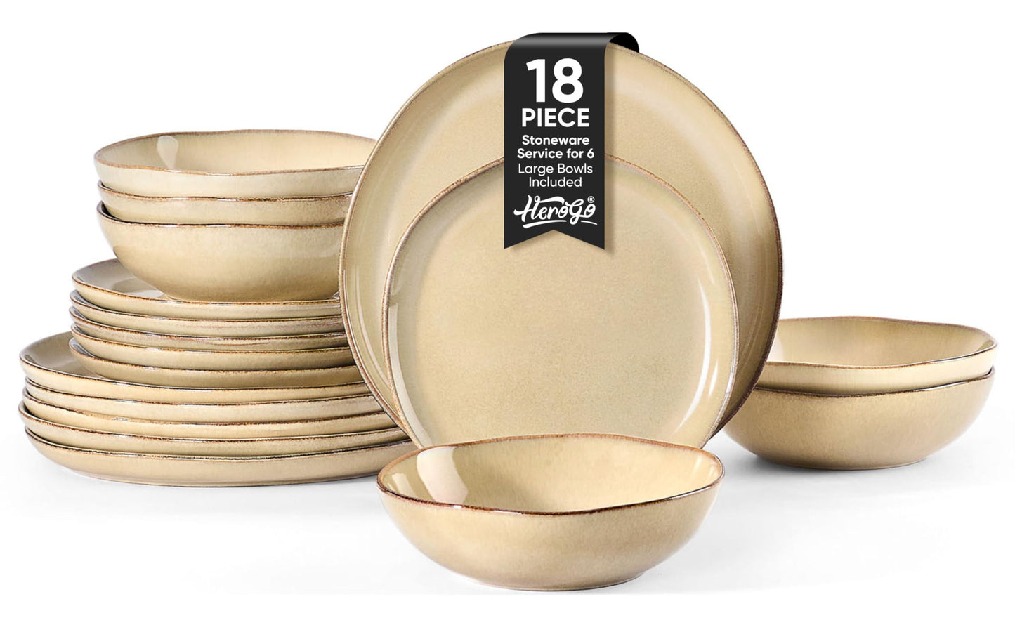 Herogo 12pcs Stoneware Dinnerware Sets for 4, Irregular Handmade Dinner Plates and Bowls, Kitchen Dining Dish Dishware Set, Microwave & Dishwasher Safe, Cream Khaki