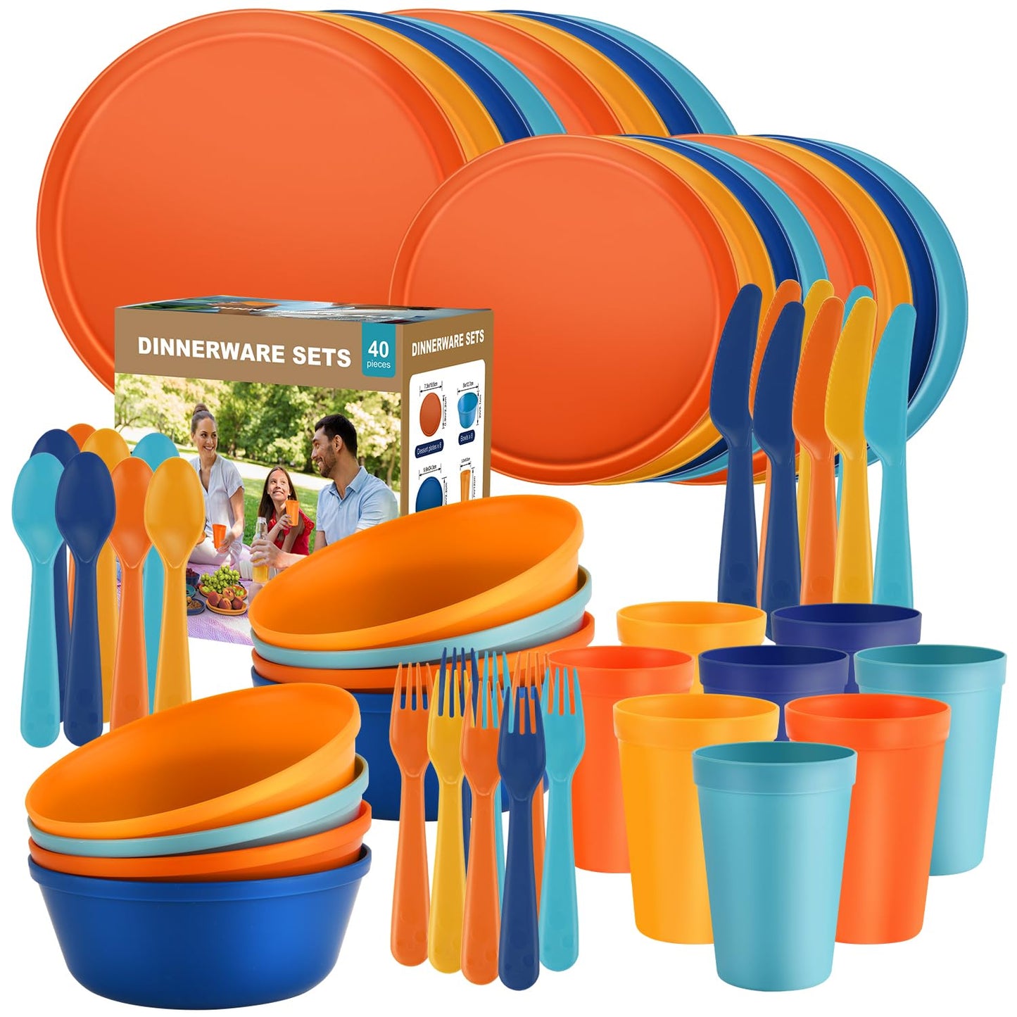 40 Piece Plastic Dinnerware Set for 8 with Cutlery, Unbreakable Plates and Bowls Set, Dishwasher & Microwave Safe Reusable Dish Set for Camping, RV, Outdoor Kitchen, Apartment Dining, Black