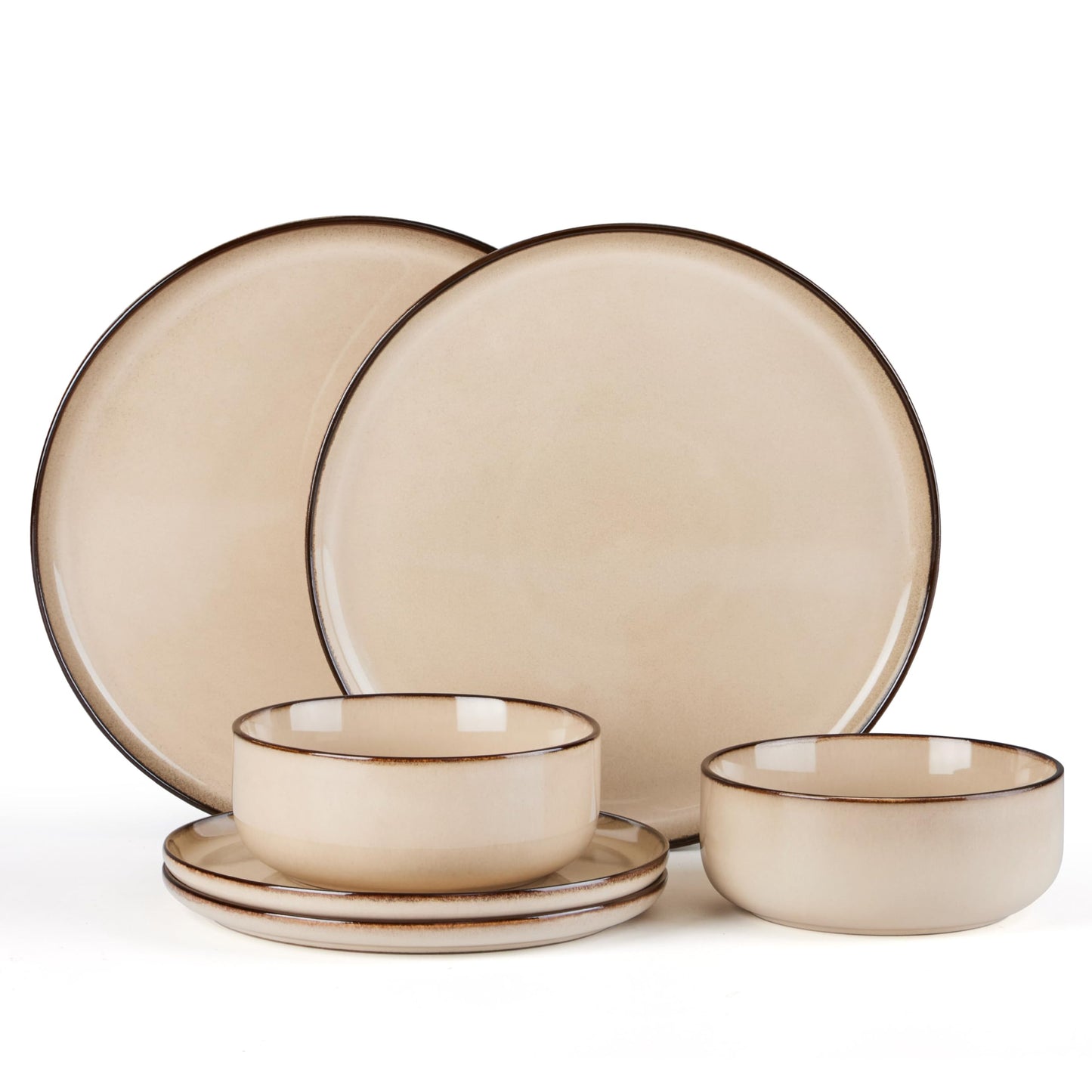 E-far 12-Piece Plates and Bowls Set, Stoneware Dinnerware Sets for 4, Reactive Glaze Ceramic Dinning Ware Dishes, Microwave & Dishwasher Safe - Sandy Beige