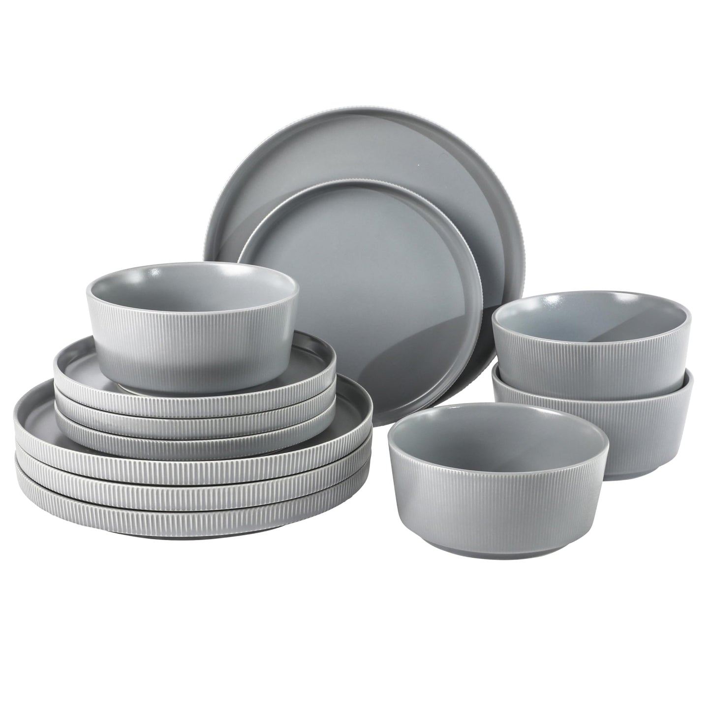 Gibson Home Rockaway 12-Piece Stoneware Dinnerware Set, Matte Finish, Service for 4, Modern Ceramic Plates and Bowls, Microwave & Dishwasher Safe – Soft Gray - Service for 4
