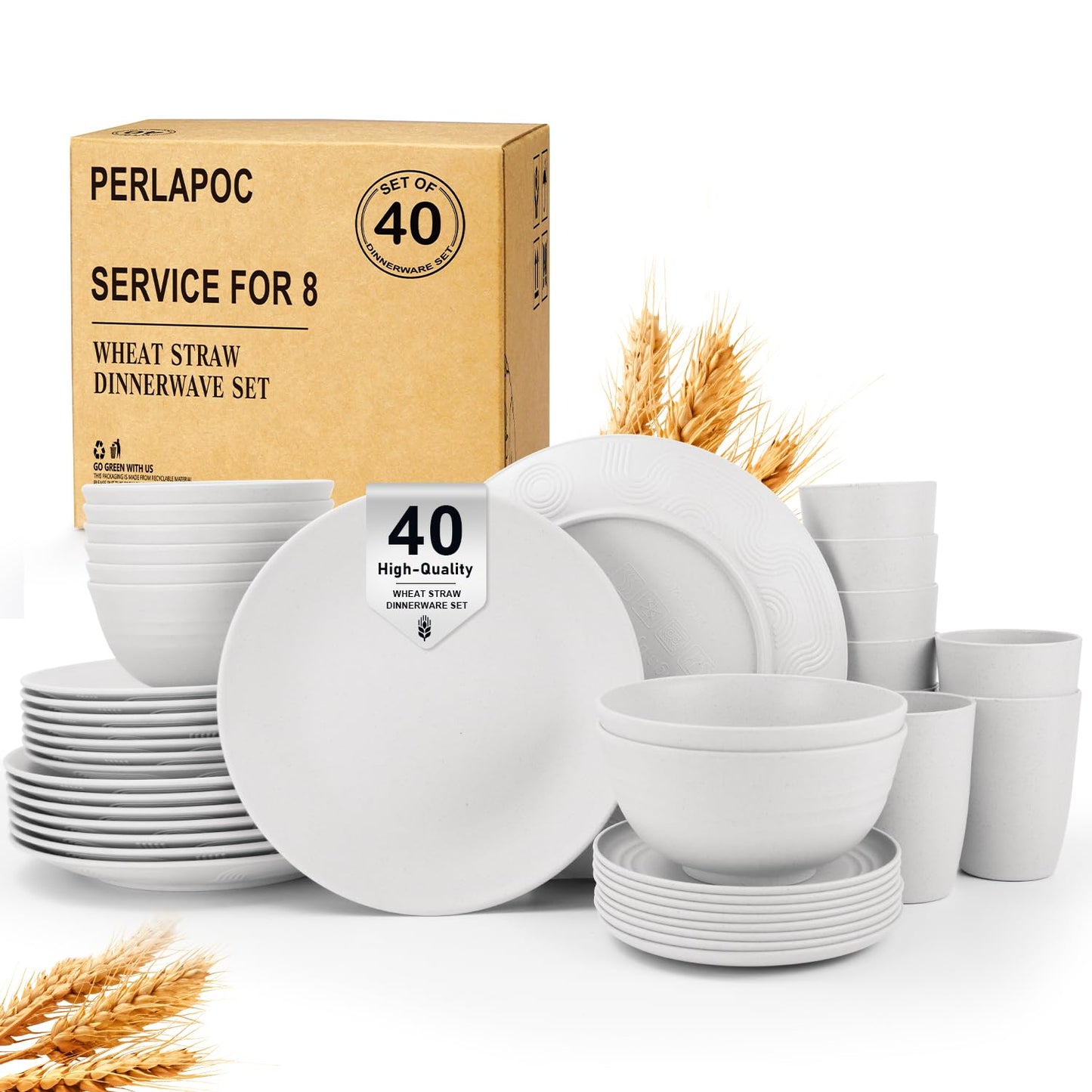 Wheat Straw Dinnerware Set 40 PCS - Service for 8 | Plates and Bowls Sets | Unbreakable Dishes Set - Dinner Plates, Dessert Plate, Cereal Bowls, Drinking Glasses, Dishwasher Safe - Multi