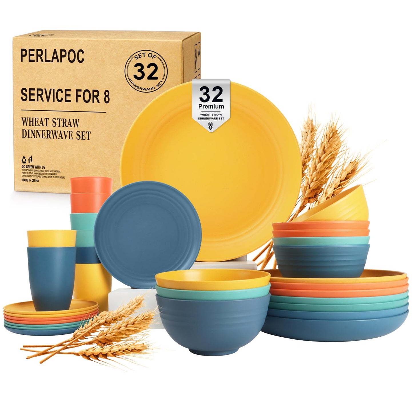 Wheat Straw Dinnerware Set 40 PCS - Service for 8 | Plates and Bowls Sets | Unbreakable Dishes Set - Dinner Plates, Dessert Plate, Cereal Bowls, Drinking Glasses, Dishwasher Safe - Multi