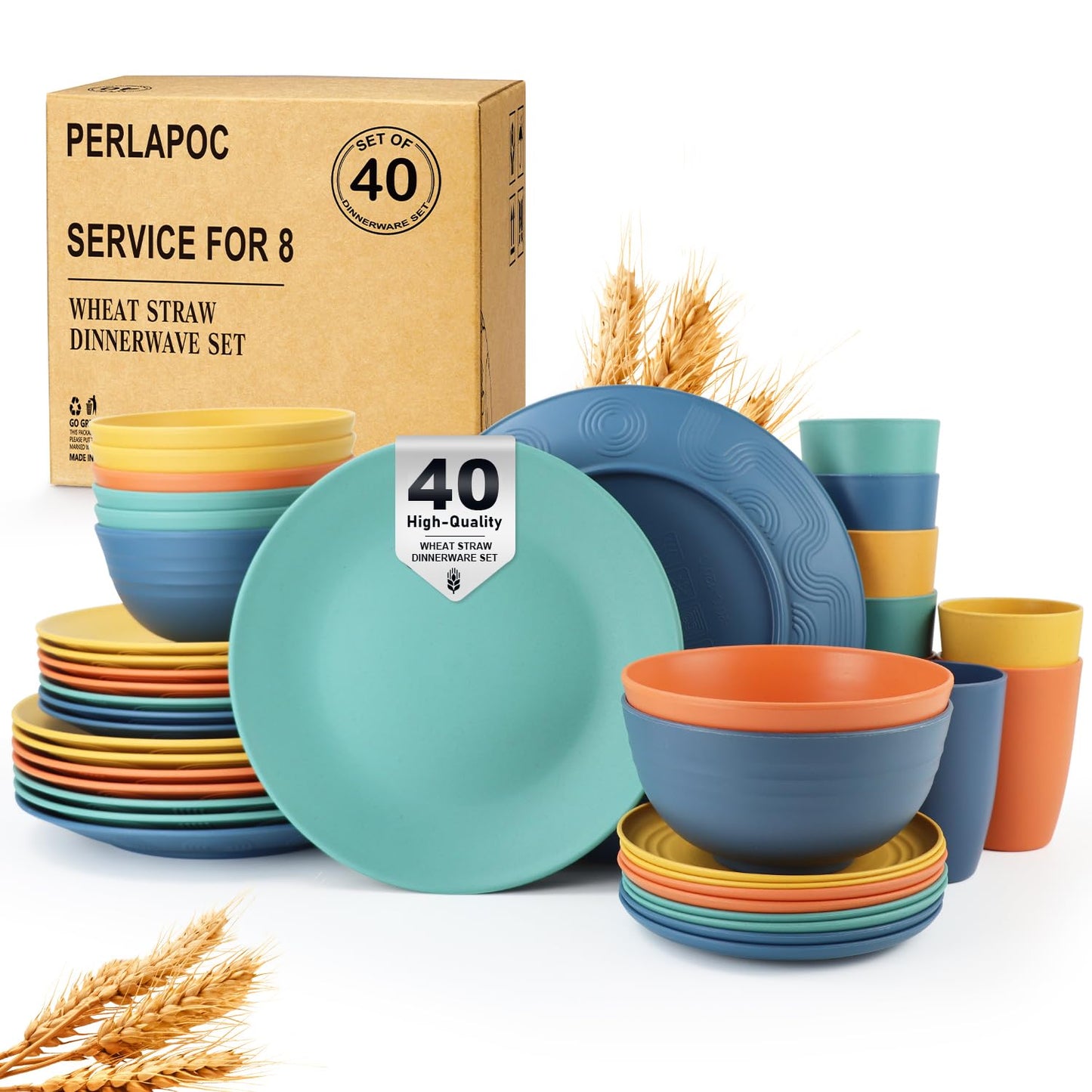 Wheat Straw Dinnerware Set 40 PCS - Service for 8 | Plates and Bowls Sets | Unbreakable Dishes Set - Dinner Plates, Dessert Plate, Cereal Bowls, Drinking Glasses, Dishwasher Safe - Multi