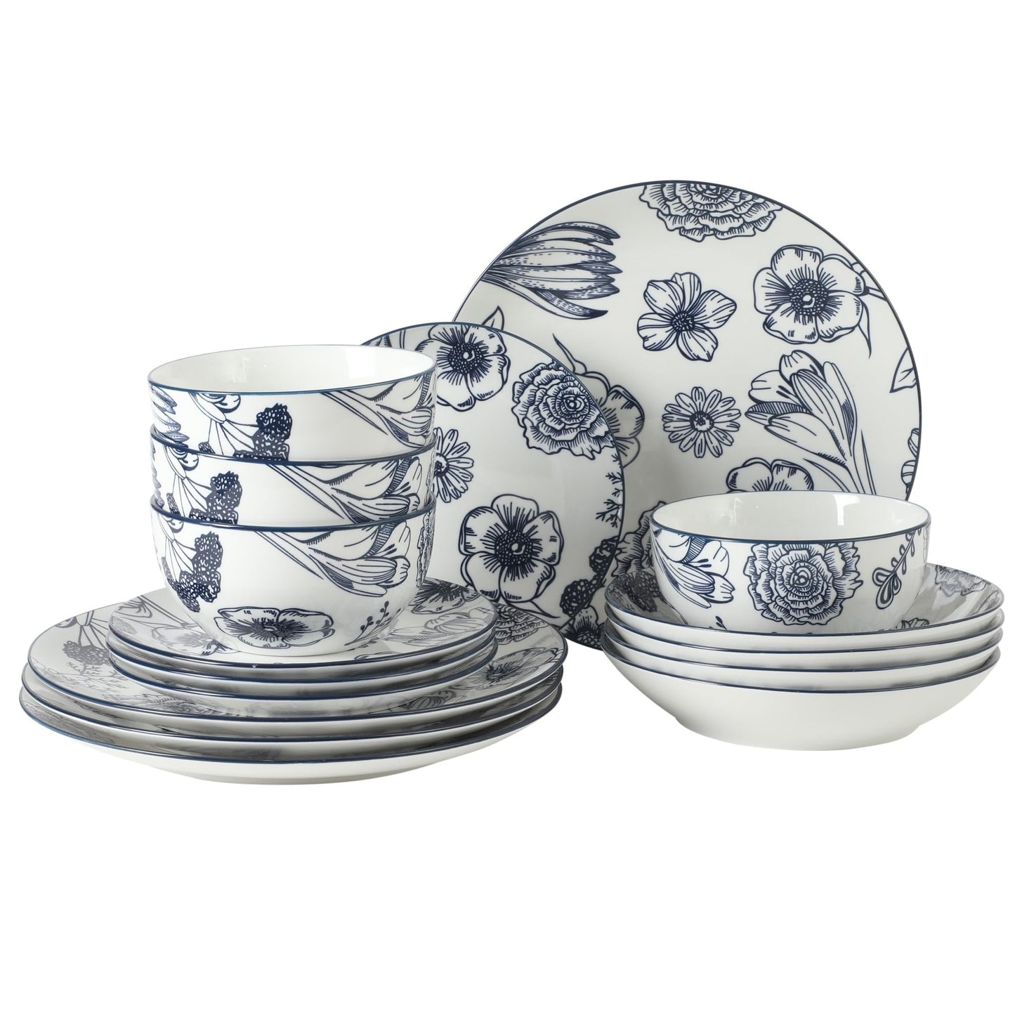 Gibson Home Cloudlight 12 Piece Plates and Bowls Dishes Brown and White - Decorated Porcelain Ceramic Dinnerware Set - Service for 4
