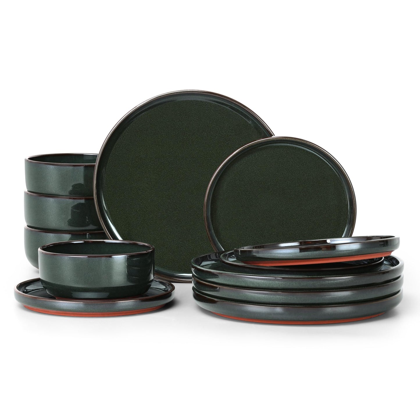 E-far 12-Piece Stoneware Dinnerware Sets, Plates and Bowls Sets for 4, Ceramic Dishware Dishes Set with Terracotta Base, Chip & Scratch Resistant, Microwave & Dishwasher Safe, Speckled White
