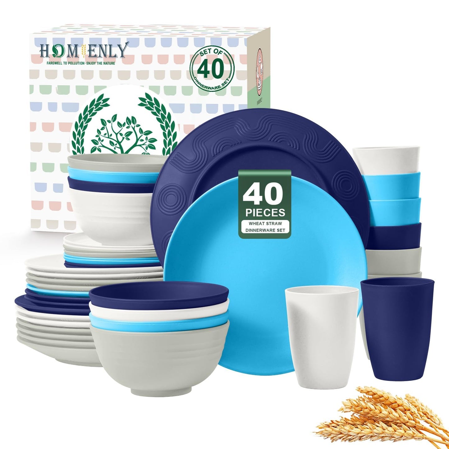 Homienly 40-Piece Premium Wheat Straw Dinnerware Sets, Service for 8, Unbreakable Plates and Bowls Set - Cups Sets, Dinner Plates, Bowls for Kitchen,Dishwasher and Microwave Safe Dishes Set - Multi