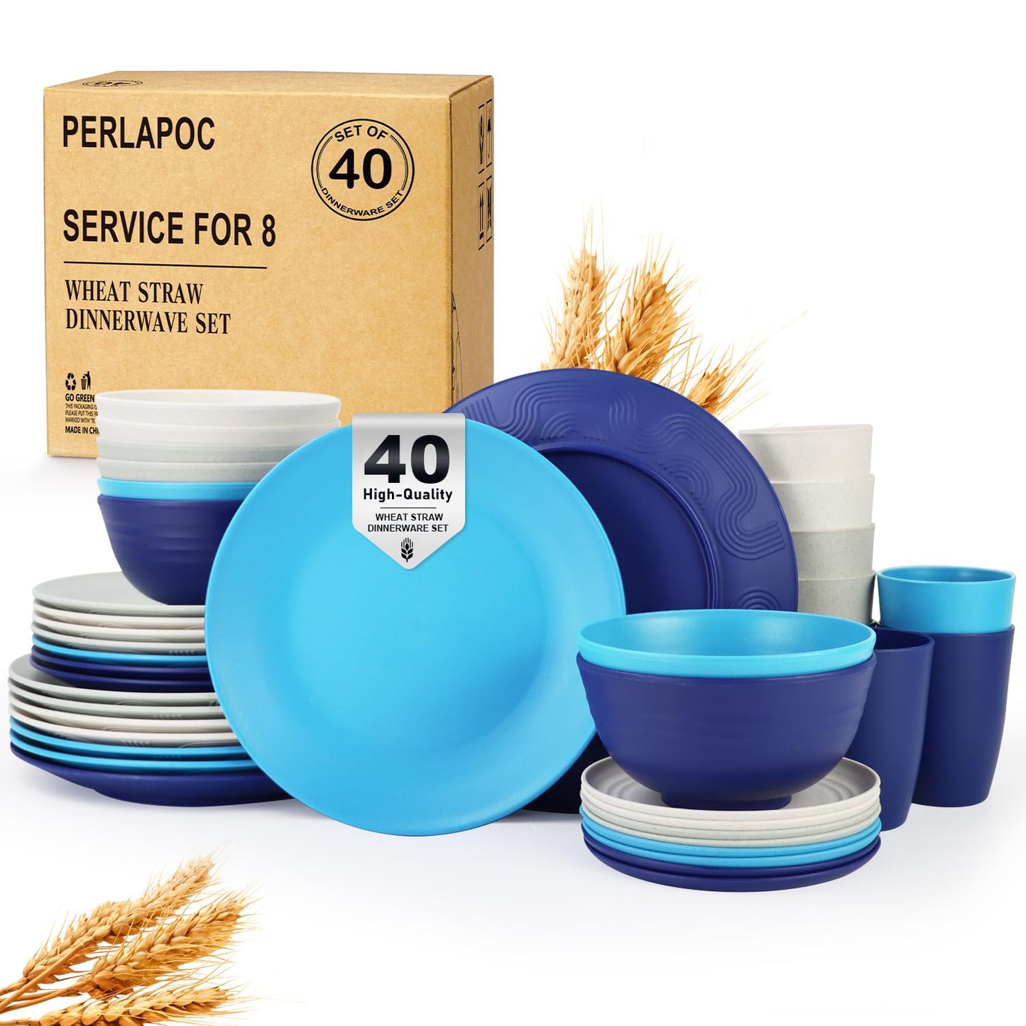 Wheat Straw Dinnerware Set 40 PCS - Service for 8 | Plates and Bowls Sets | Unbreakable Dishes Set - Dinner Plates, Dessert Plate, Cereal Bowls, Drinking Glasses, Dishwasher Safe - Multi