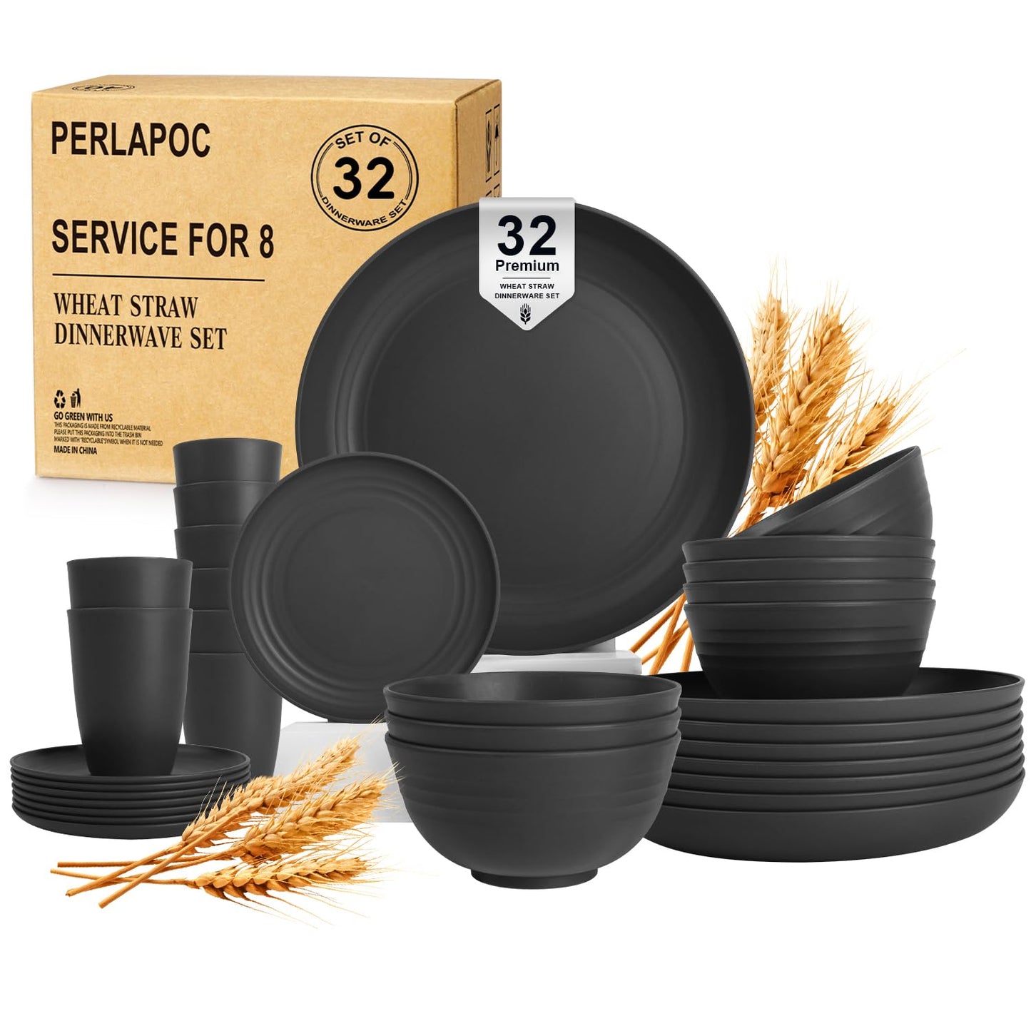 Wheat Straw Dinnerware Set 40 PCS - Service for 8 | Plates and Bowls Sets | Unbreakable Dishes Set - Dinner Plates, Dessert Plate, Cereal Bowls, Drinking Glasses, Dishwasher Safe - Multi