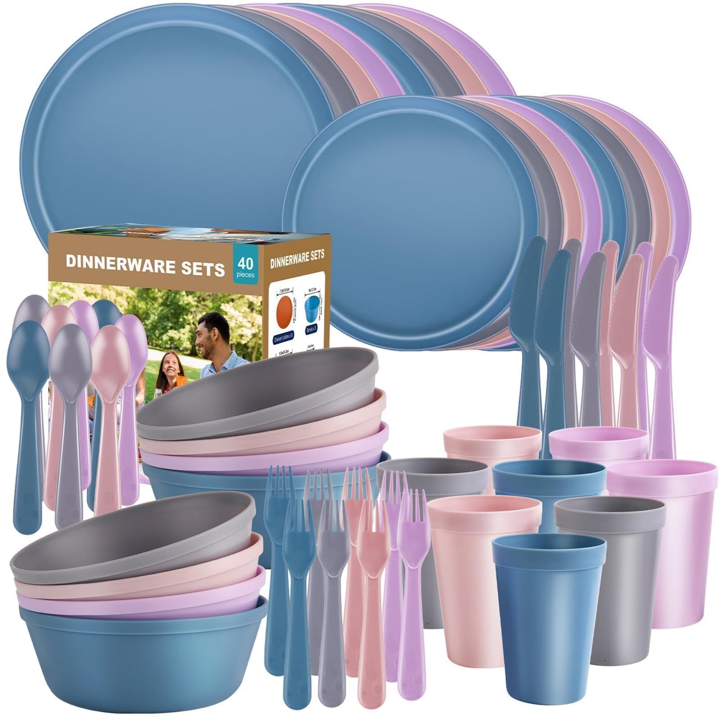 40 Piece Plastic Dinnerware Set for 8 with Cutlery, Unbreakable Plates and Bowls Set, Dishwasher & Microwave Safe Reusable Dish Set for Camping, RV, Outdoor Kitchen, Apartment Dining, Black