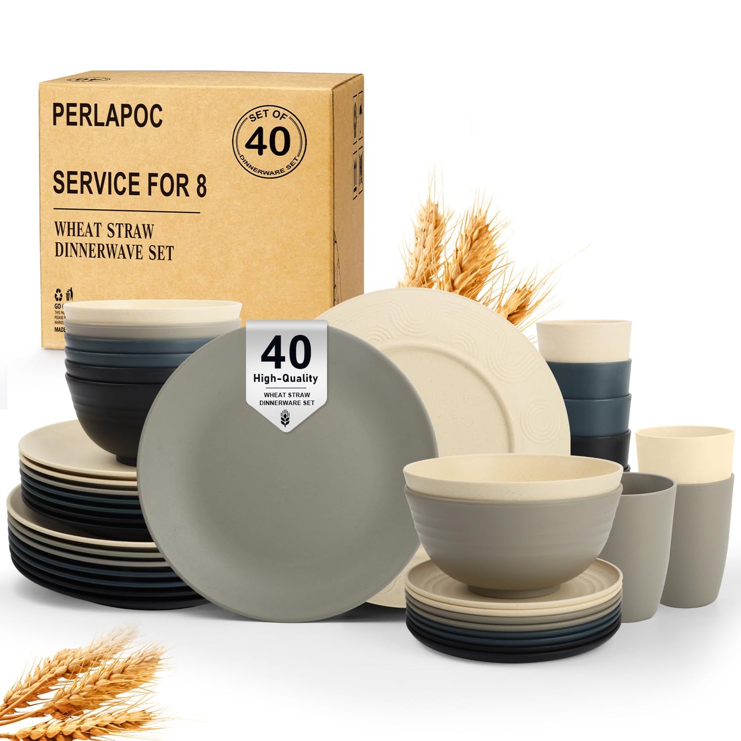 Wheat Straw Dinnerware Set 40 PCS - Service for 8 | Plates and Bowls Sets | Unbreakable Dishes Set - Dinner Plates, Dessert Plate, Cereal Bowls, Drinking Glasses, Dishwasher Safe - Multi