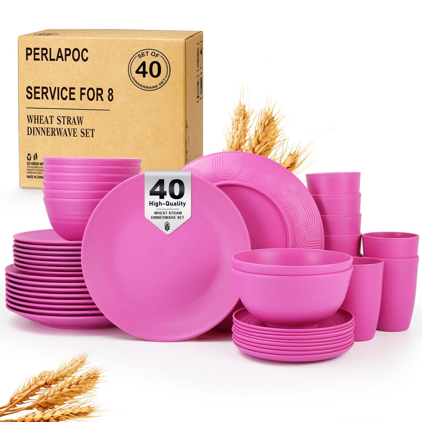 Wheat Straw Dinnerware Set 40 PCS - Service for 8 | Plates and Bowls Sets | Unbreakable Dishes Set - Dinner Plates, Dessert Plate, Cereal Bowls, Drinking Glasses, Dishwasher Safe - Multi