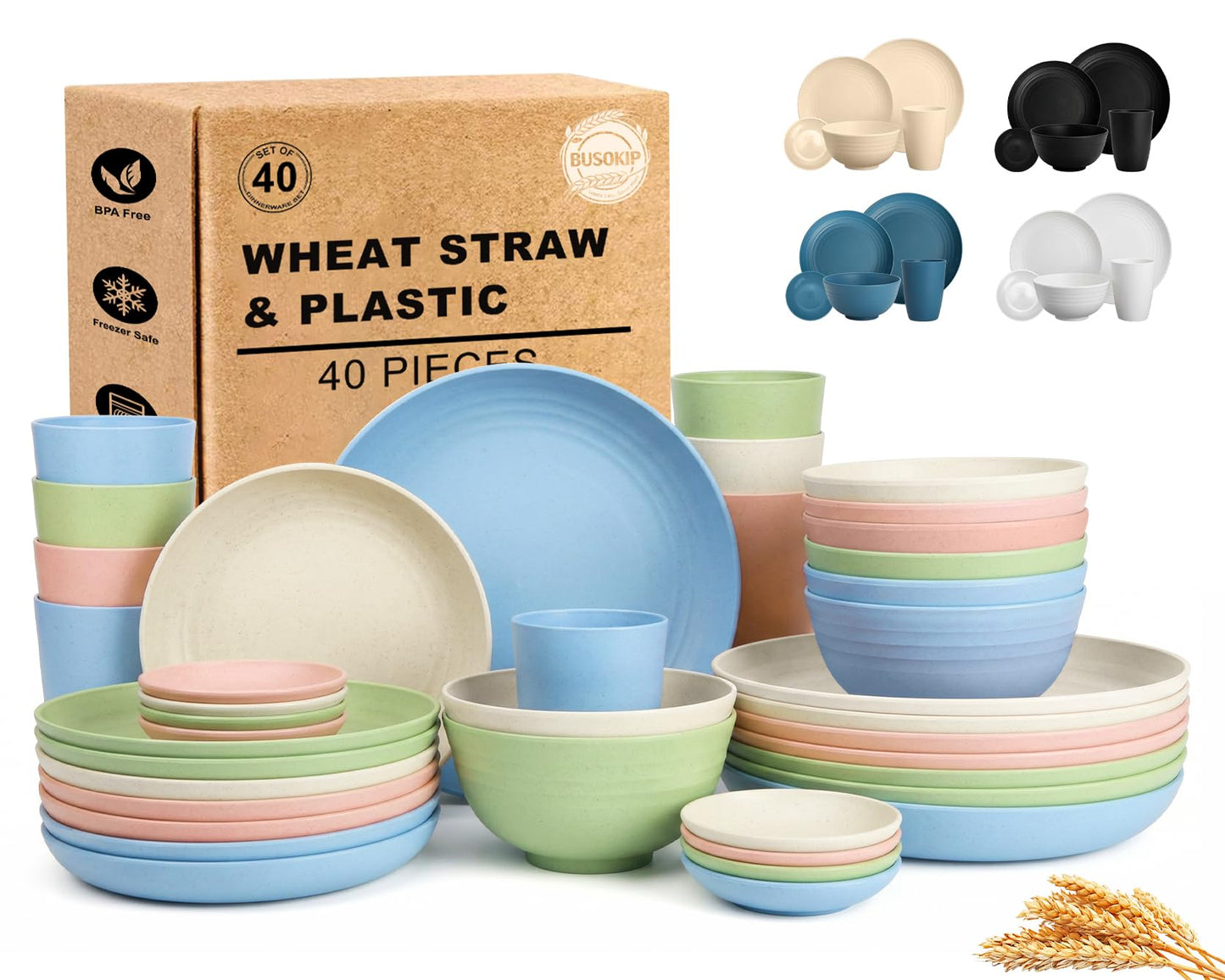Wheat Straw Dinnerware Sets 40 Piece, Kitchen Plates and Bowls Set, Unbreakable Dishes Set for 8, Microwave and Dishwahser Safe Dishware Sets for Home, Camping, RV, Party - Multi