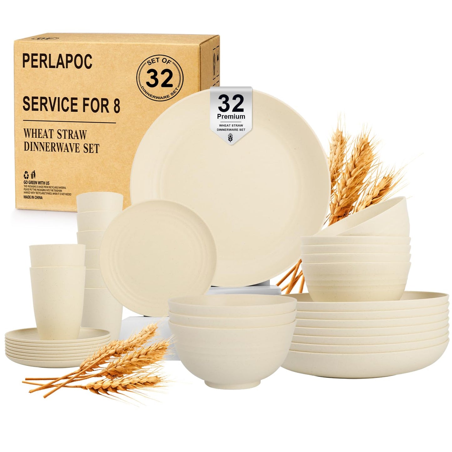 Wheat Straw Dinnerware Set 40 PCS - Service for 8 | Plates and Bowls Sets | Unbreakable Dishes Set - Dinner Plates, Dessert Plate, Cereal Bowls, Drinking Glasses, Dishwasher Safe - Multi
