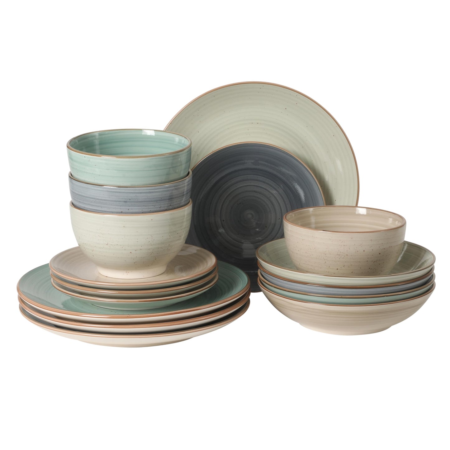 Gibson Home Cloudlight 12 Piece Plates and Bowls Dishes Brown and White - Decorated Porcelain Ceramic Dinnerware Set - Service for 4