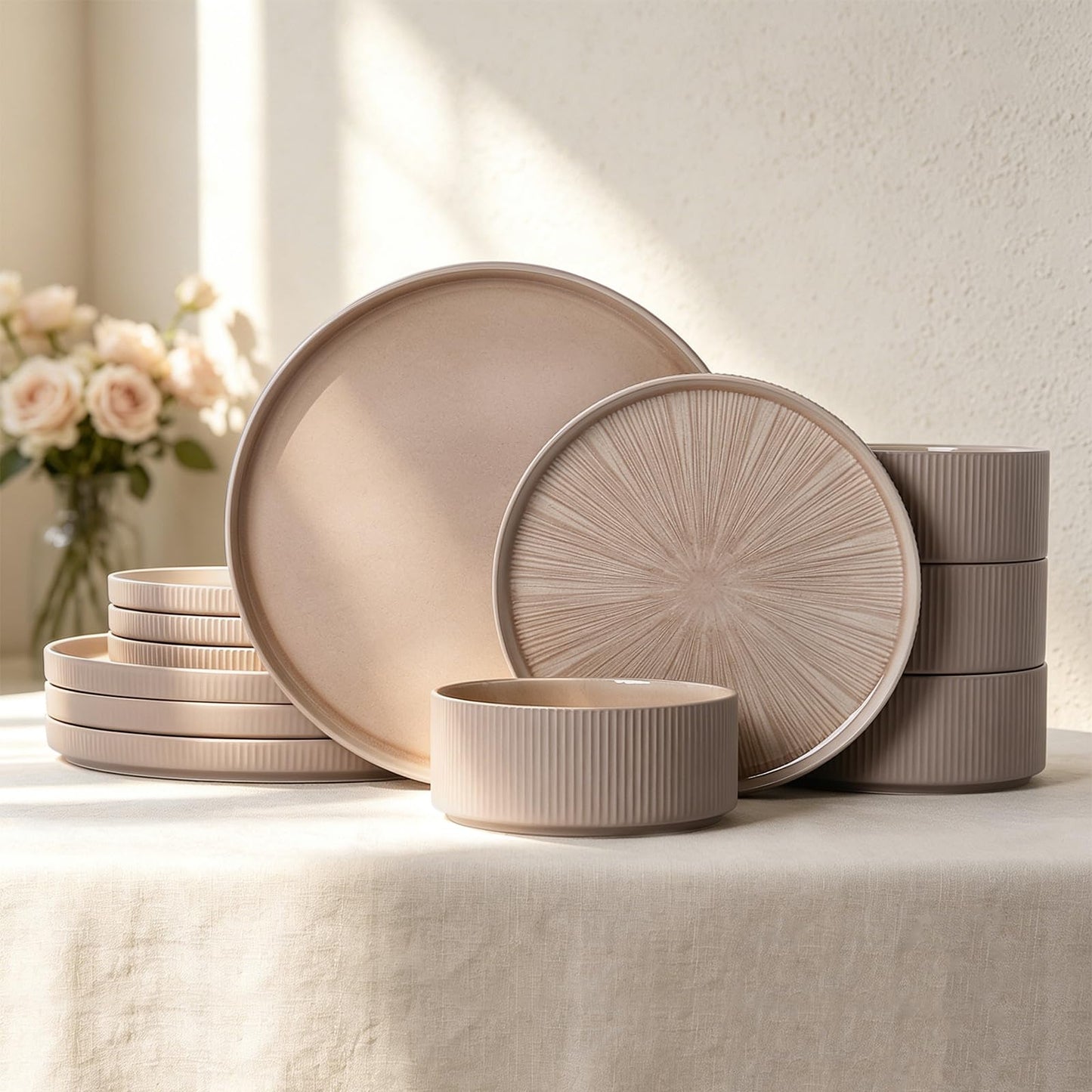 Dinnerware Sets for 4, Ceramic Plates and Bowls Set 12 Piece Dinnerware Chip Resistant Stoneware with Advanced Inkjet Printing Technology, Dishwasher and Microwave Safe-Dusty Blue