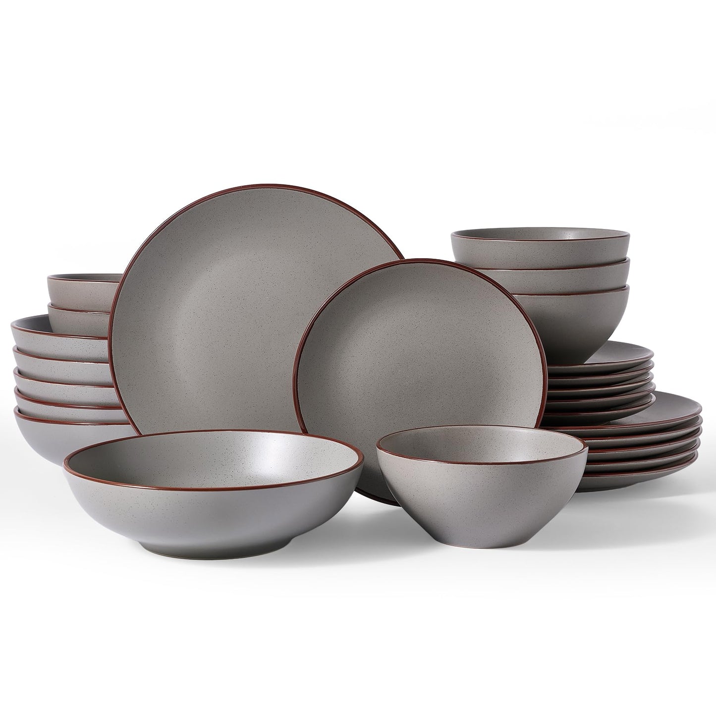 Famiware Venus Plates and Bowls Sets with Trim, 12 Pieces Speckled Stoneware Dishes Dinnerware Set for 4, Matte Dark Gray - Microwave & Dishwasher Safe, Modern Minimalist, Everyday & Formal Dining