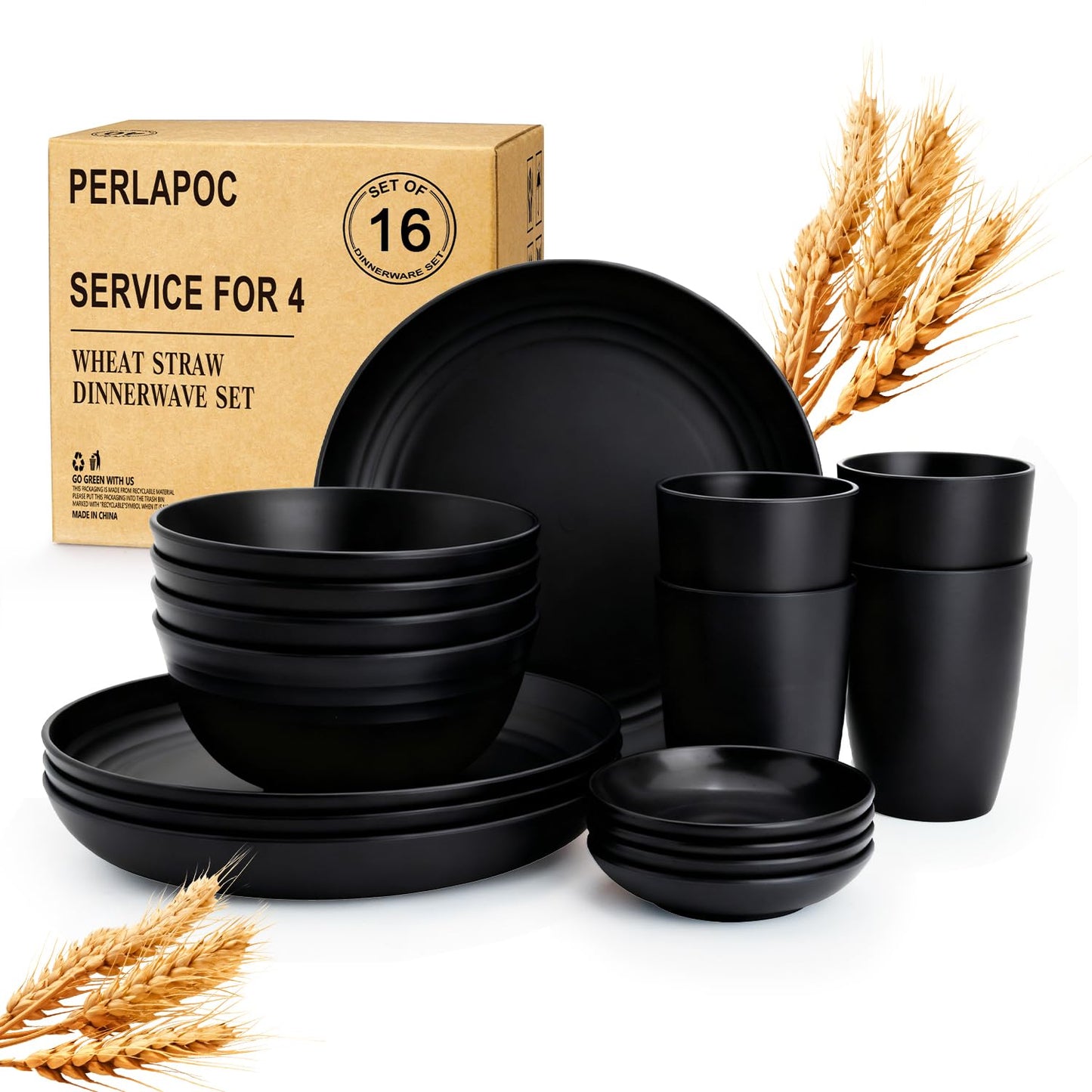 Wheat Straw Dinnerware Set 40 PCS - Service for 8 | Plates and Bowls Sets | Unbreakable Dishes Set - Dinner Plates, Dessert Plate, Cereal Bowls, Drinking Glasses, Dishwasher Safe - Multi