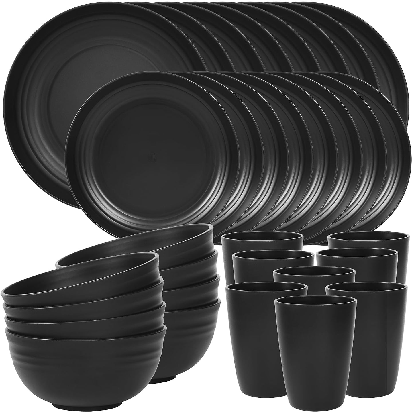 Quatish 32 Piece Plates and Bowls Sets for 8, Unbreakable Dinnerware Sets, Dish Set for Camping, Dishwasher Microwave Safe, Outdoor Kitchen and Apartment Dinning RV Essentials, Black