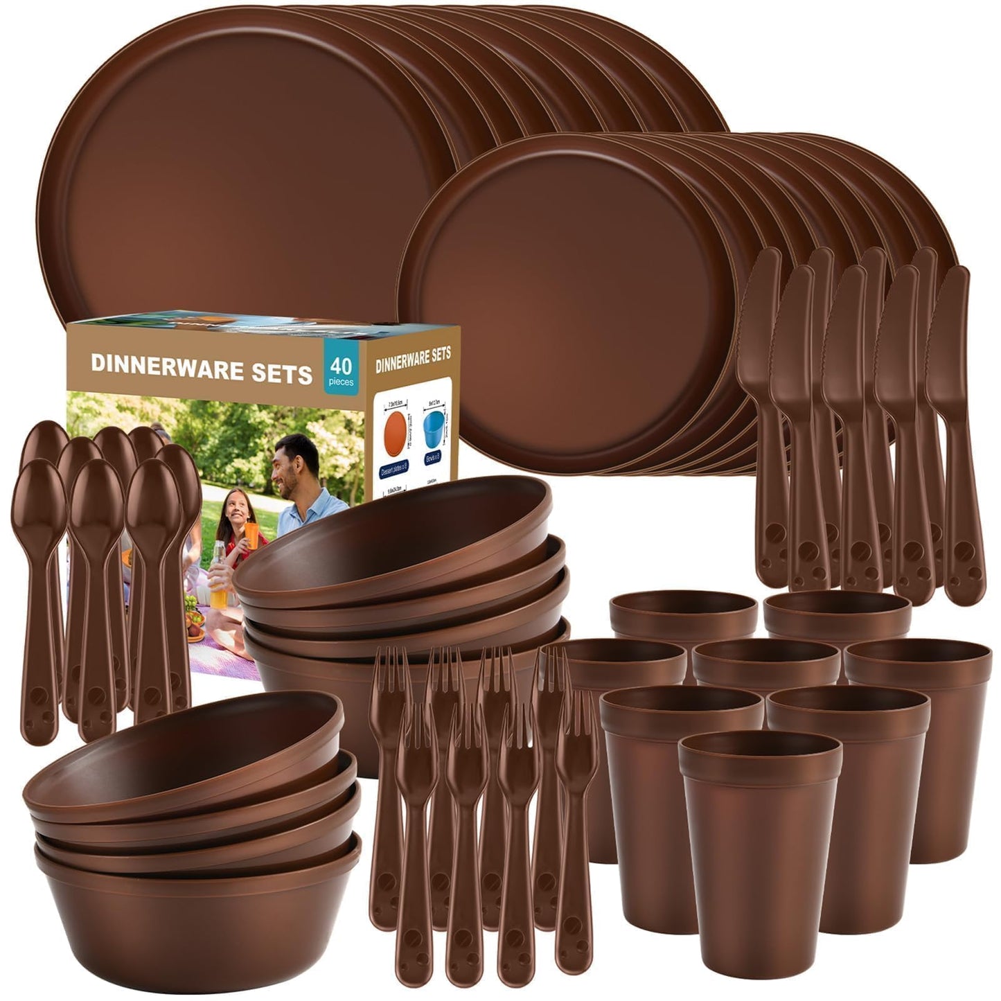 40 Piece Plastic Dinnerware Set for 8 with Cutlery, Unbreakable Plates and Bowls Set, Dishwasher & Microwave Safe Reusable Dish Set for Camping, RV, Outdoor Kitchen, Apartment Dining, Black