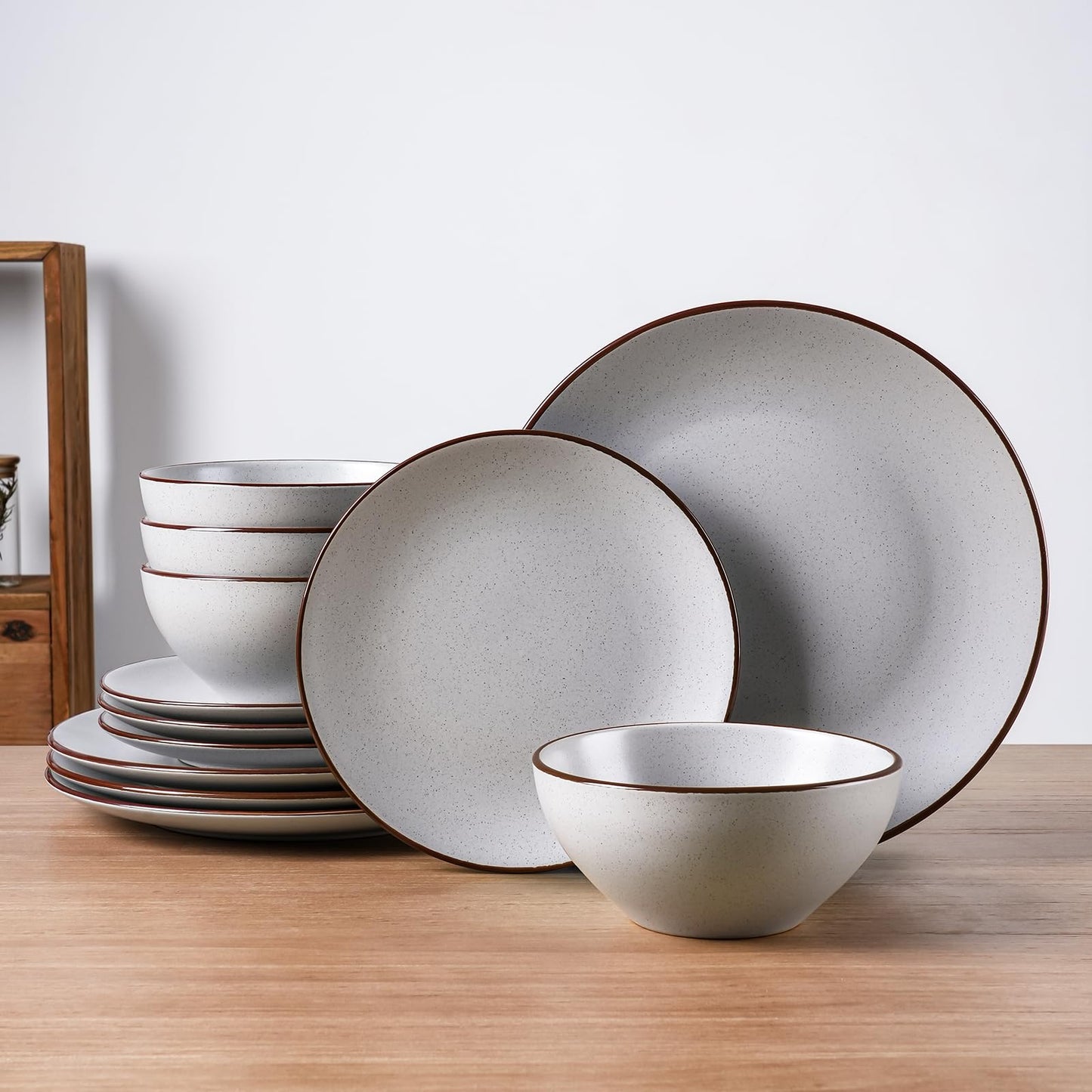 Famiware Venus Plates and Bowls Sets with Trim, 12 Pieces Speckled Stoneware Dishes Dinnerware Set for 4, Matte Dark Gray - Microwave & Dishwasher Safe, Modern Minimalist, Everyday & Formal Dining