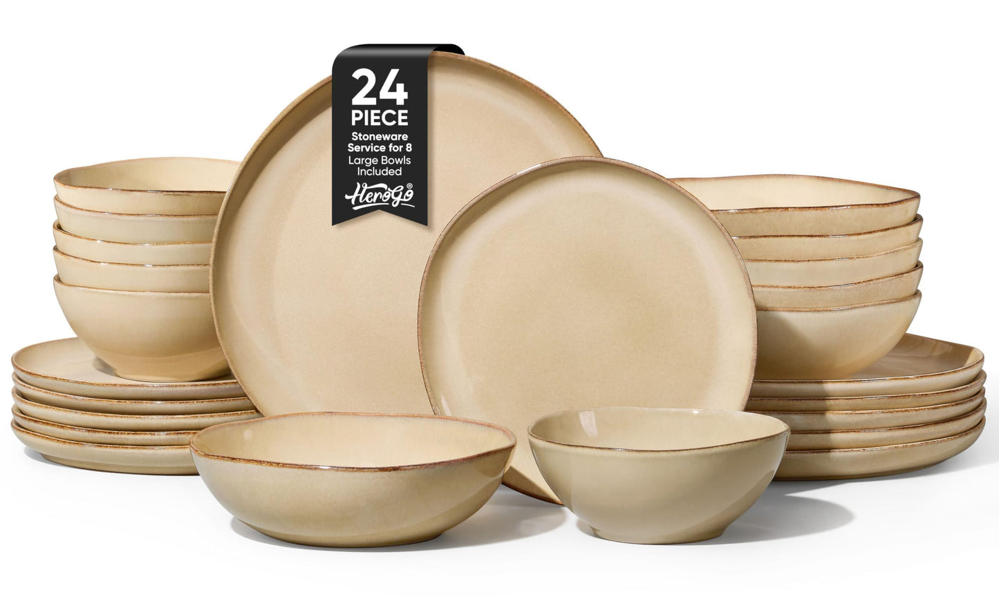 Herogo 12pcs Stoneware Dinnerware Sets for 4, Irregular Handmade Dinner Plates and Bowls, Kitchen Dining Dish Dishware Set, Microwave & Dishwasher Safe, Cream Khaki
