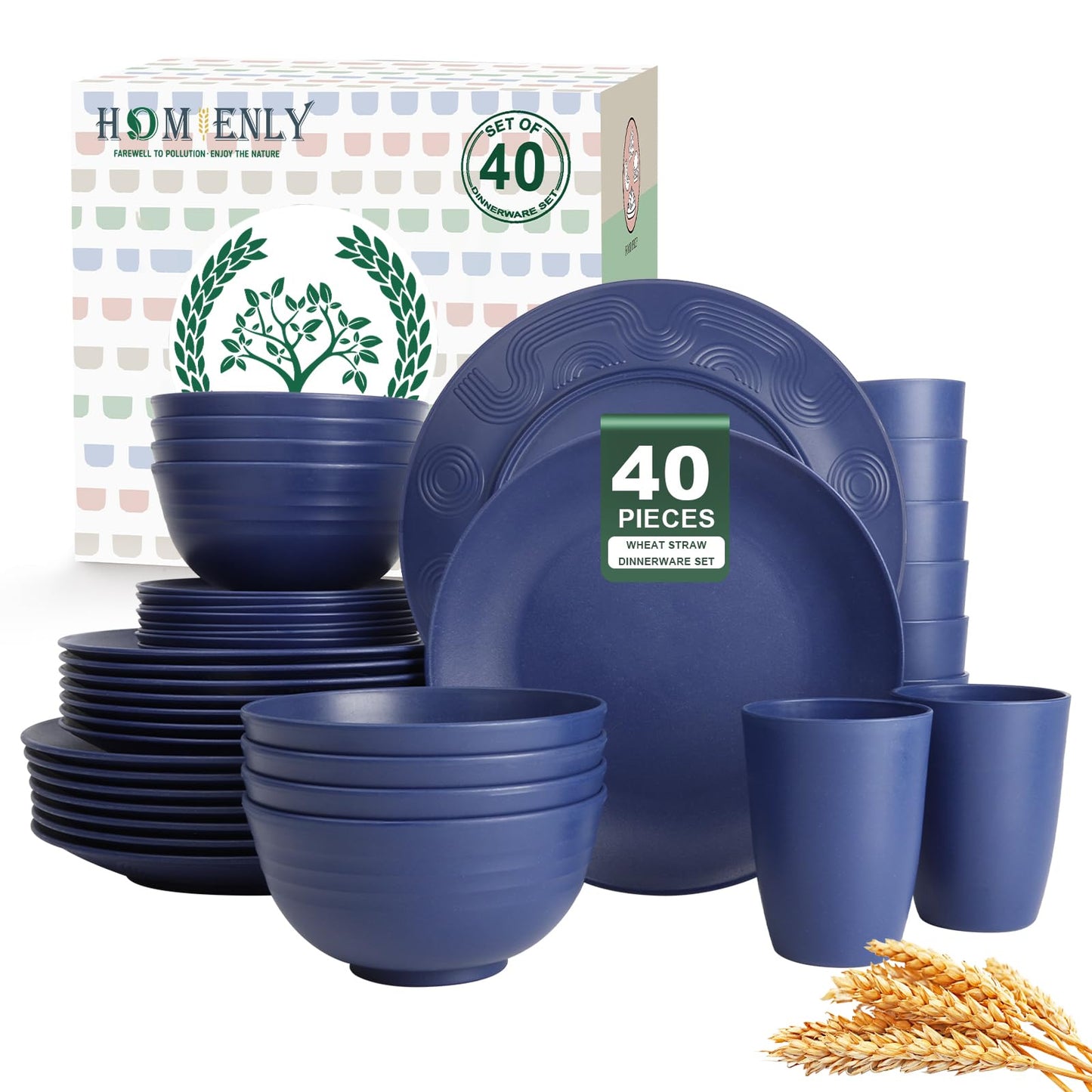 Homienly 40-Piece Premium Wheat Straw Dinnerware Sets, Service for 8, Unbreakable Plates and Bowls Set - Cups Sets, Dinner Plates, Bowls for Kitchen,Dishwasher and Microwave Safe Dishes Set - Multi