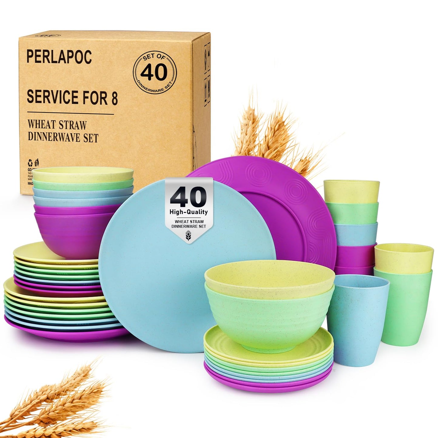 Wheat Straw Dinnerware Set 40 PCS - Service for 8 | Plates and Bowls Sets | Unbreakable Dishes Set - Dinner Plates, Dessert Plate, Cereal Bowls, Drinking Glasses, Dishwasher Safe - Multi